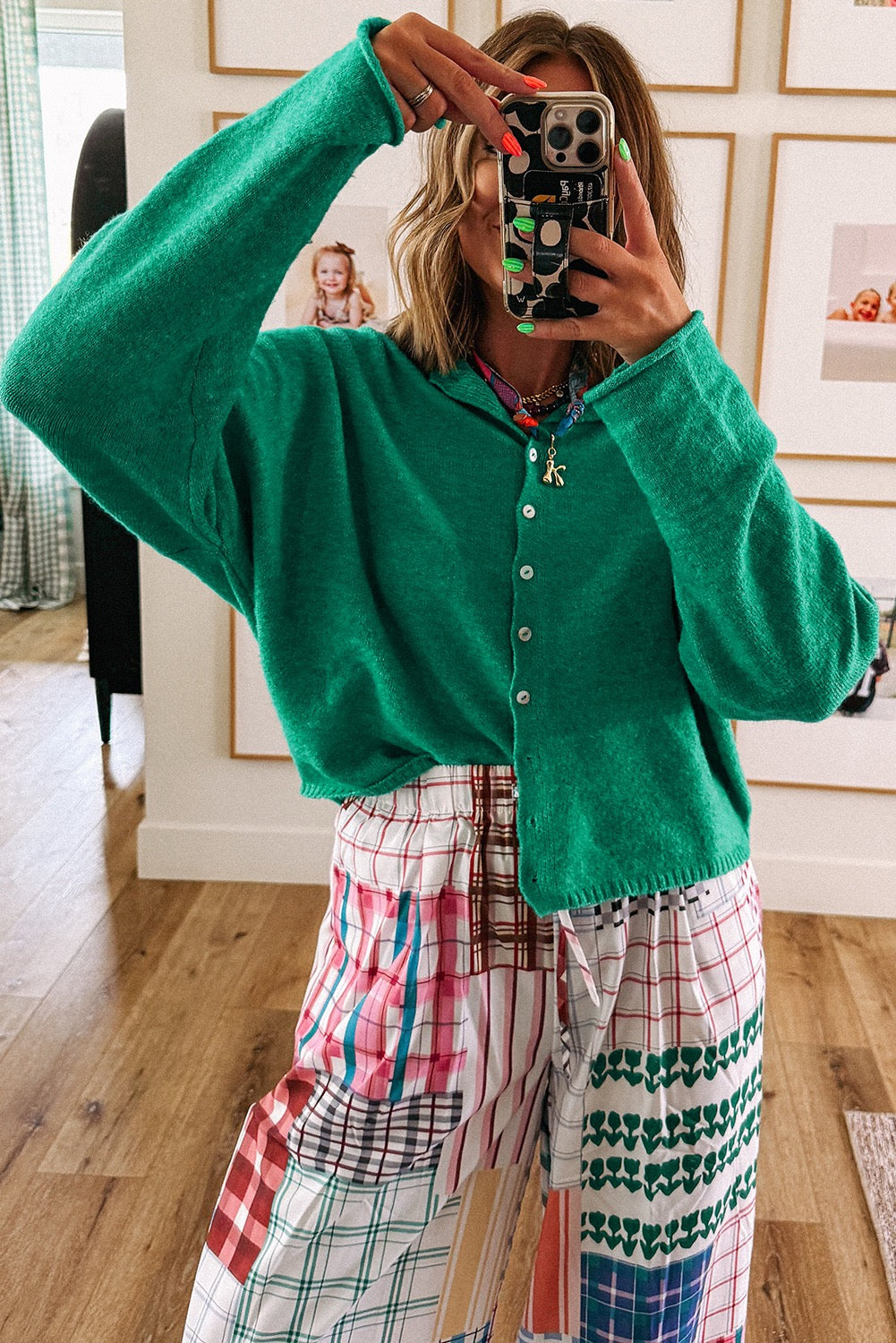Bright Green Solid Color Knit Button Drop Shoulder Cardigan