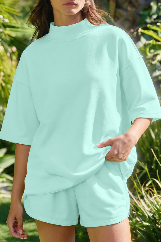 Jade Cream Solid Color Exposed Seam Mock Neck Oversize Tee Casual Shorts 2pcs Set