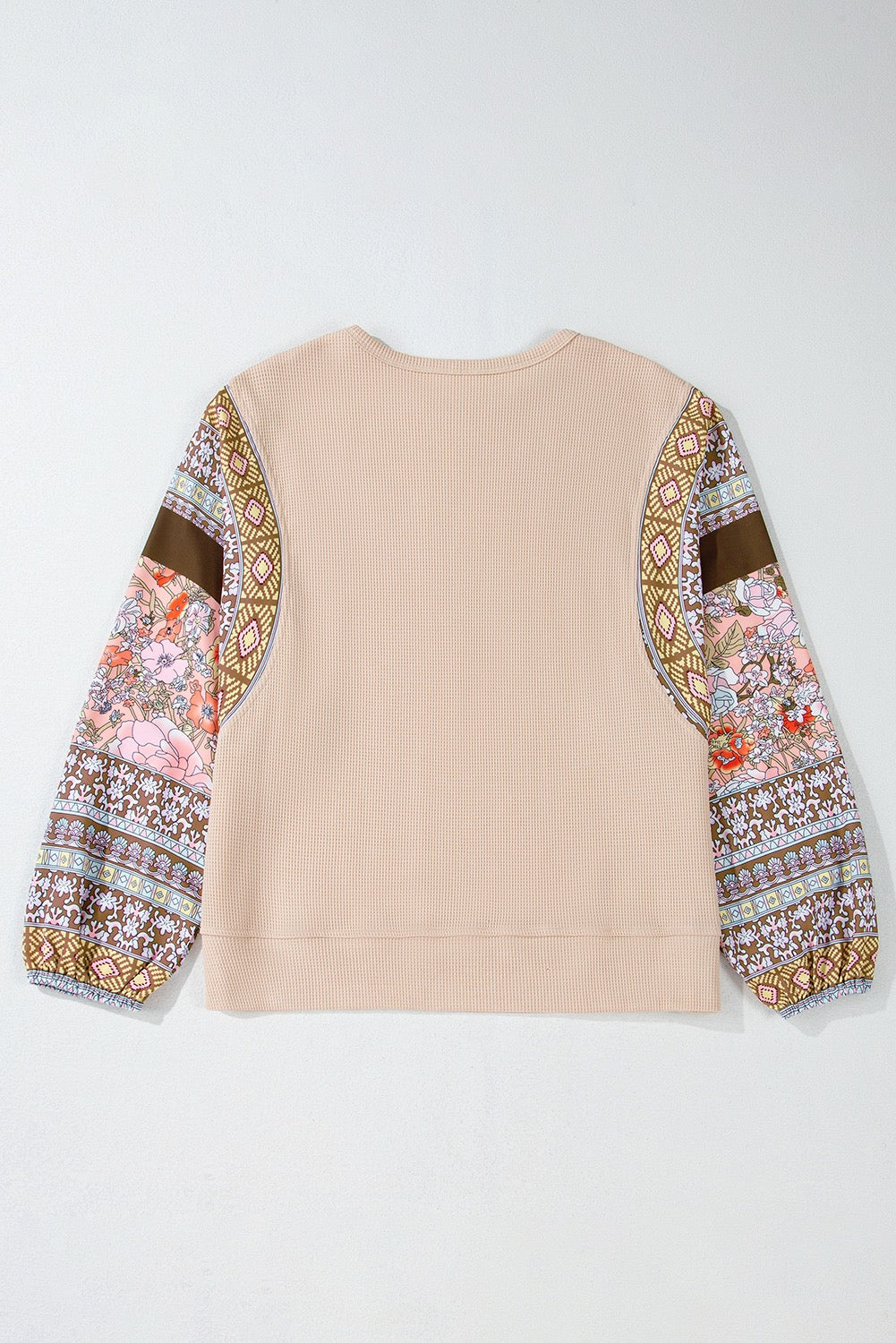 Contrast Floral Patchwork Puff Sleeve Waffle Knit Top