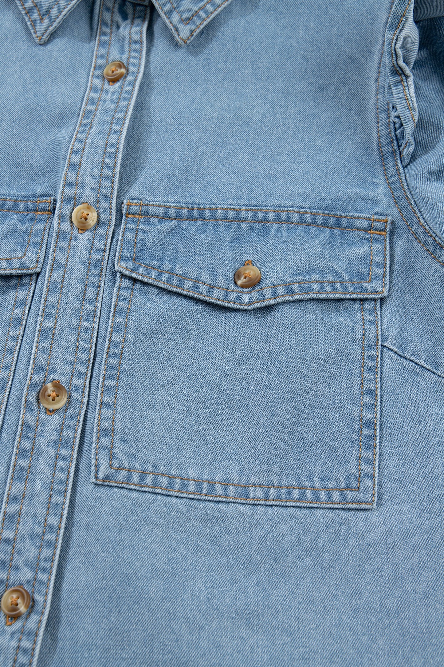 Ruffle Detail Short Puff Sleeve Button Down Flap Pocket Denim Shirt