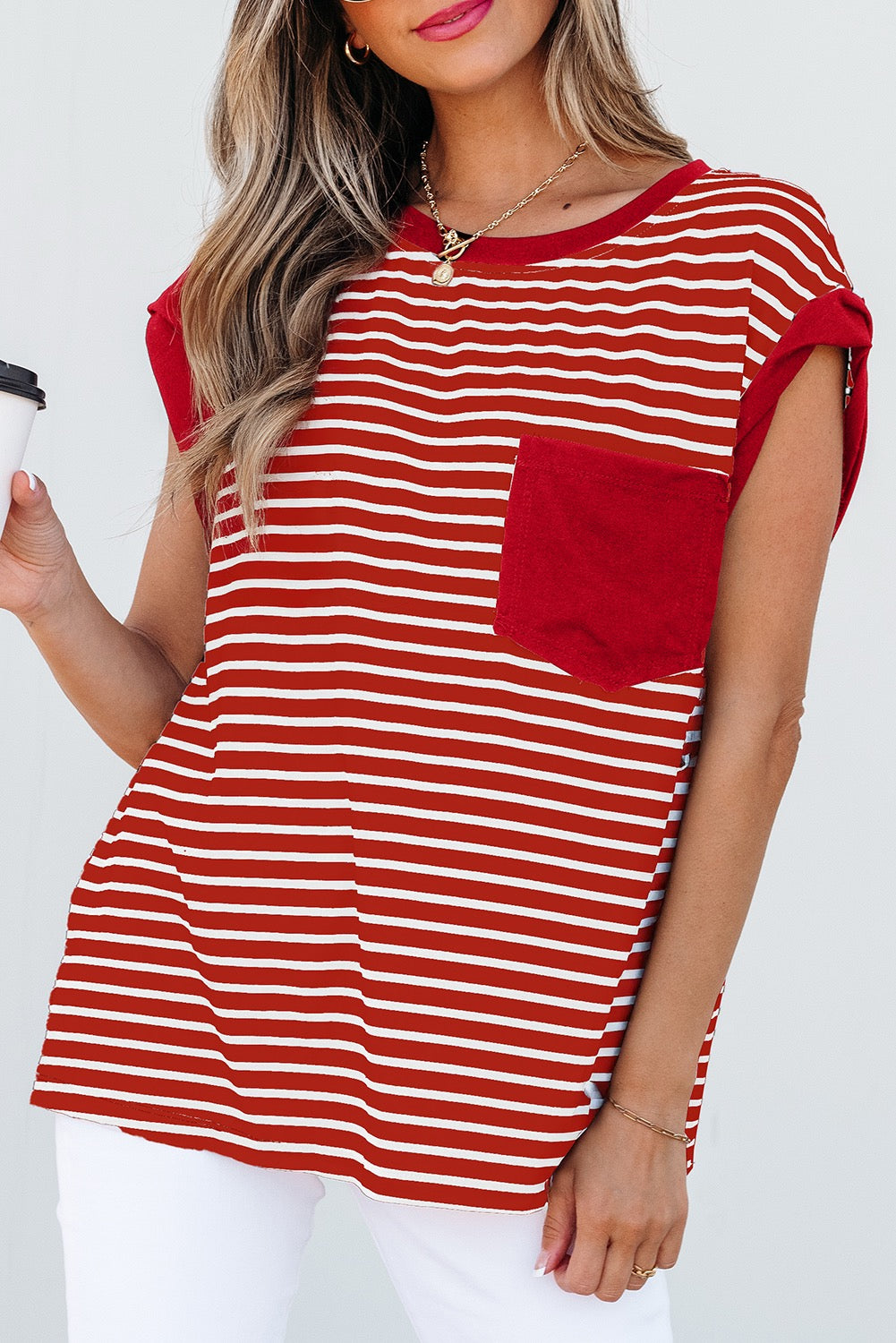 Red Stripe Chest Pocket Patch Round Neck Sleeveless Top