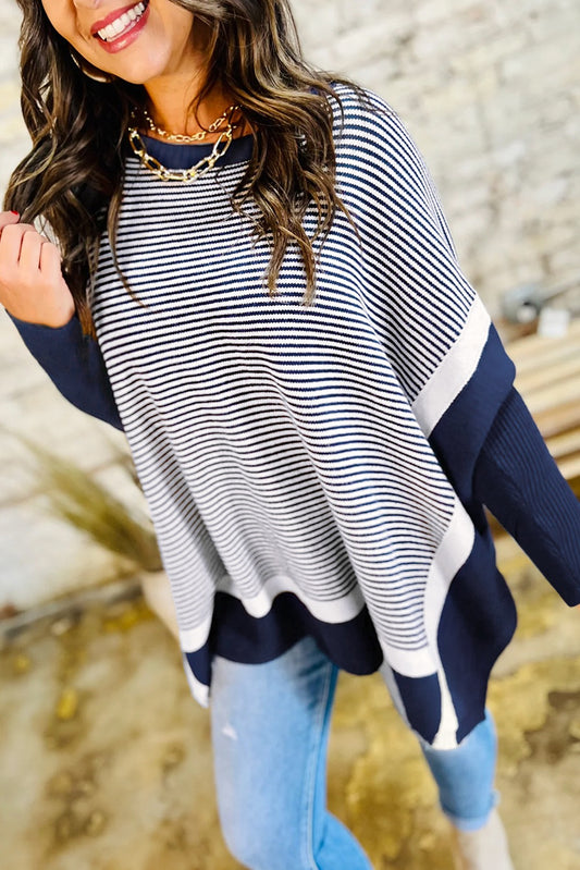 Blue Stripe Color Block Patchwork Dolman Oversize Tunic