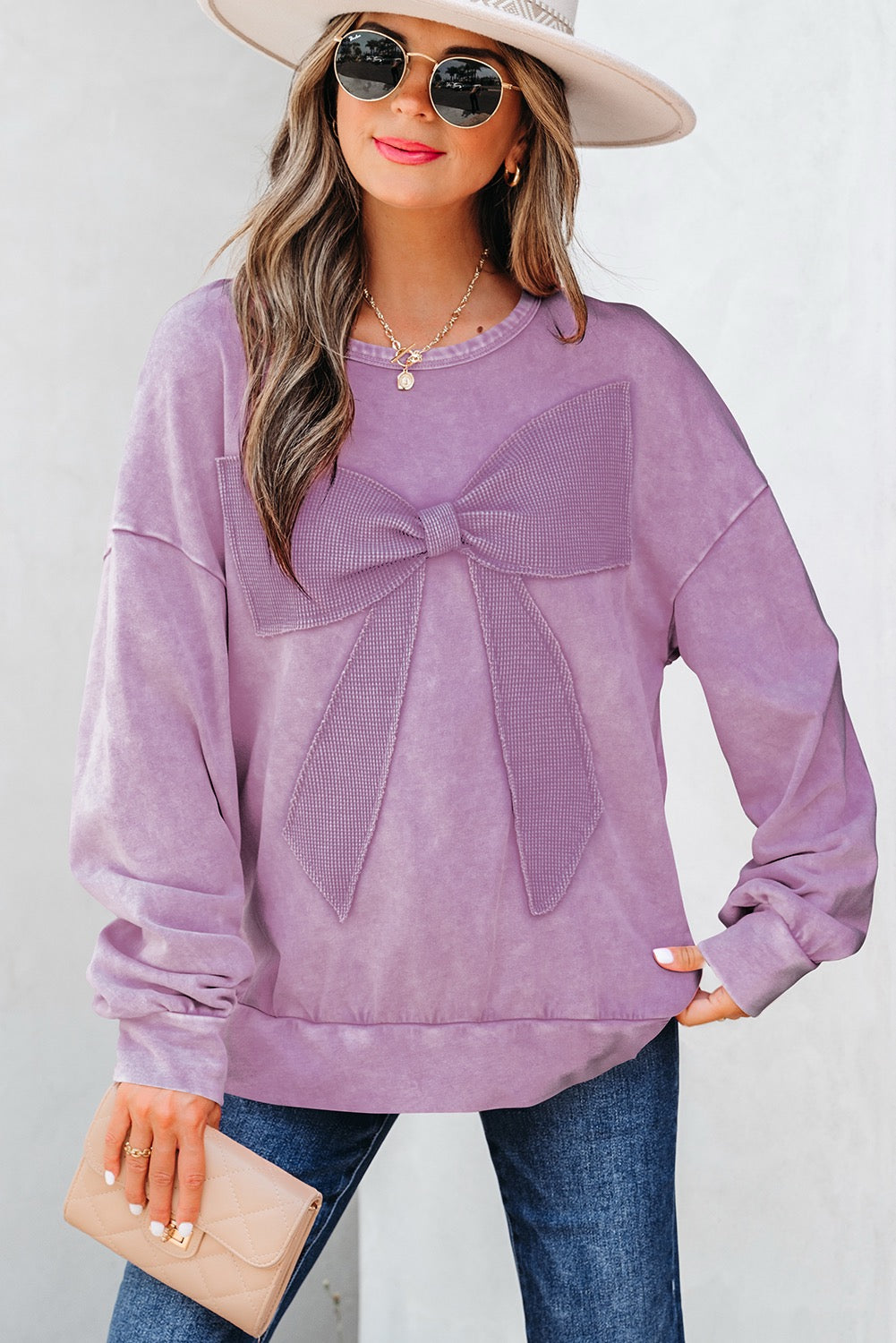 Lavender Mineral Wash Big Bow Patchwork Pullover Sweatshirt