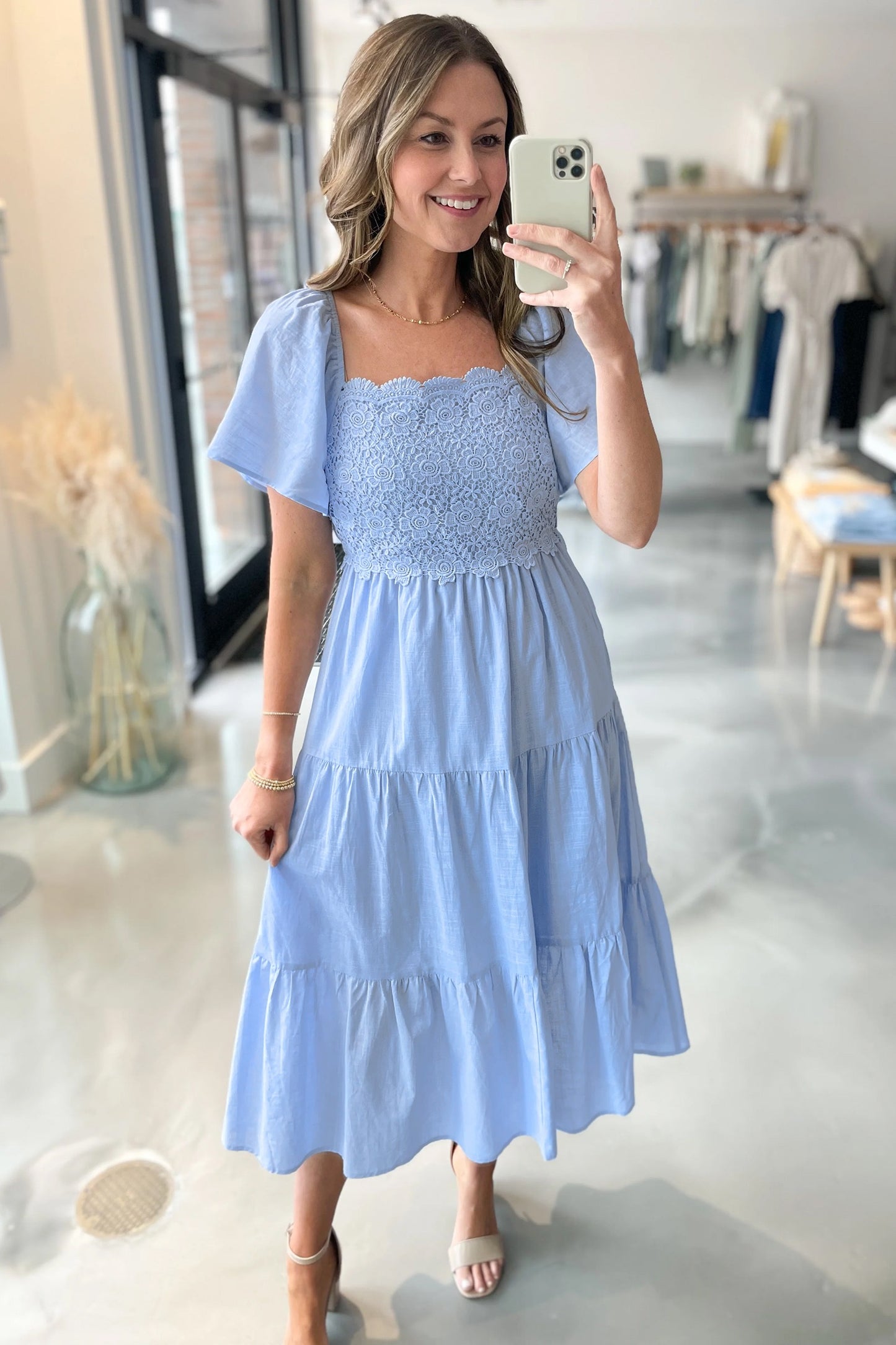 Blue Flowy Short Sleeve Lace Detail Square Neck Tiered Midi Dress