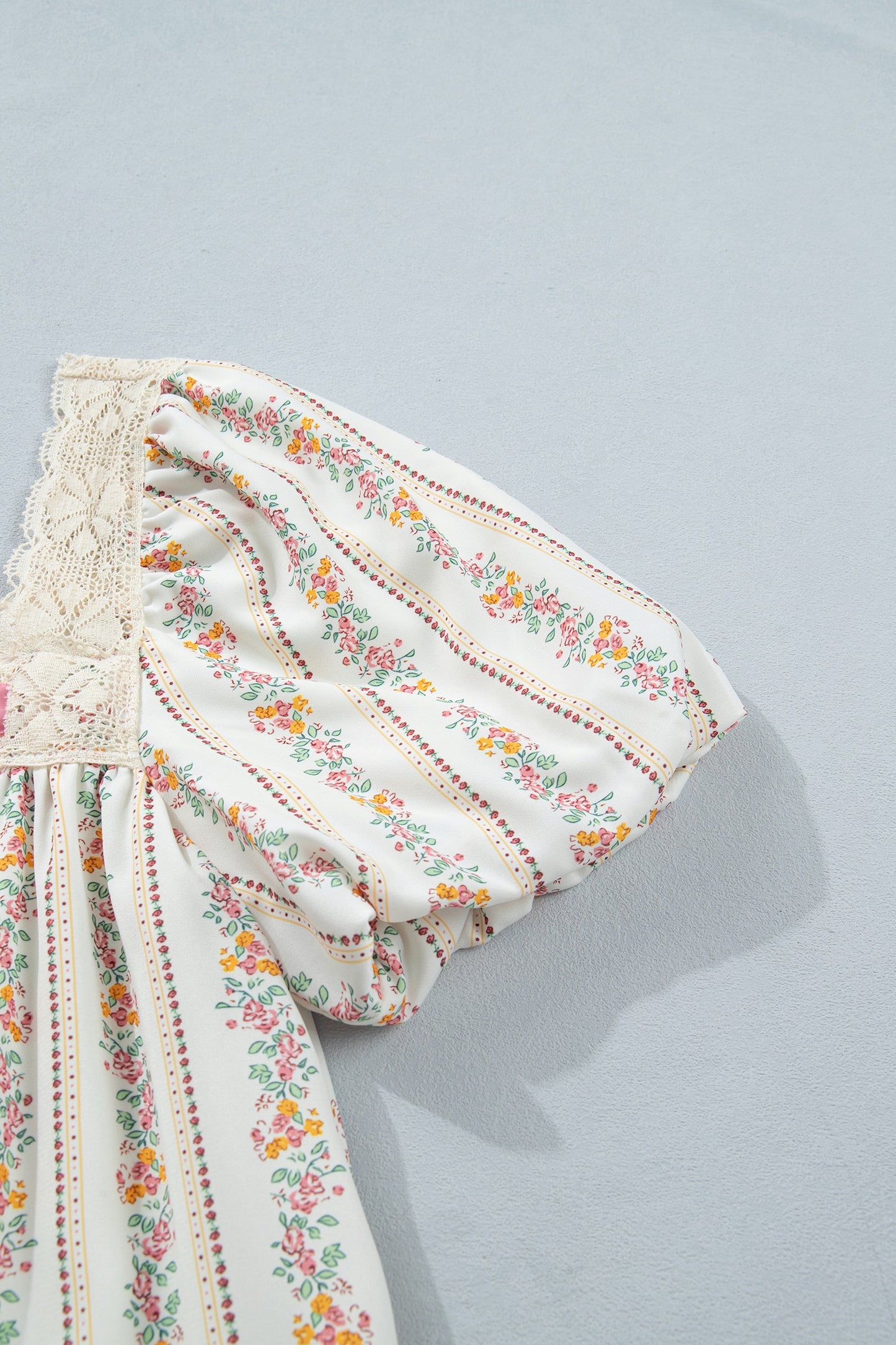 Floral Print Contrast Ribbon Bow Lace Trim Square Neck Dress