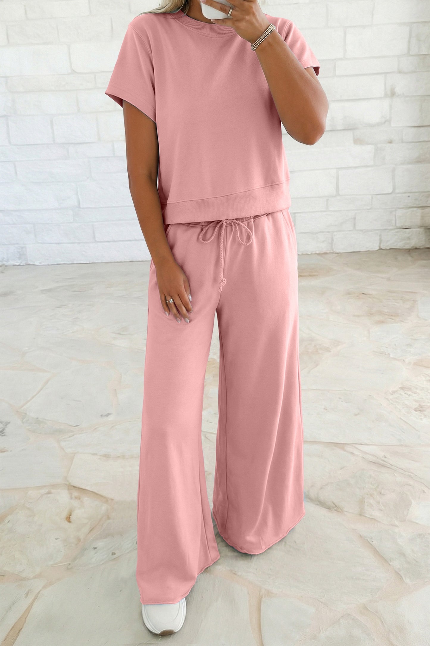 Pink Solid Color Loose Tee Drawstring Wide Leg Pant Set