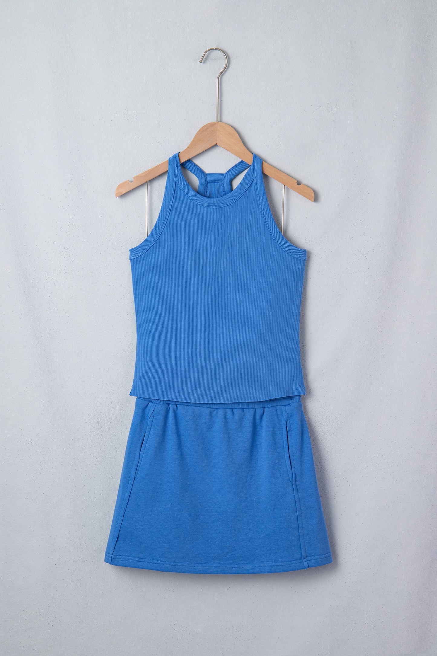 Blue Slim Tank Top Elastic High Waist Shorts Set