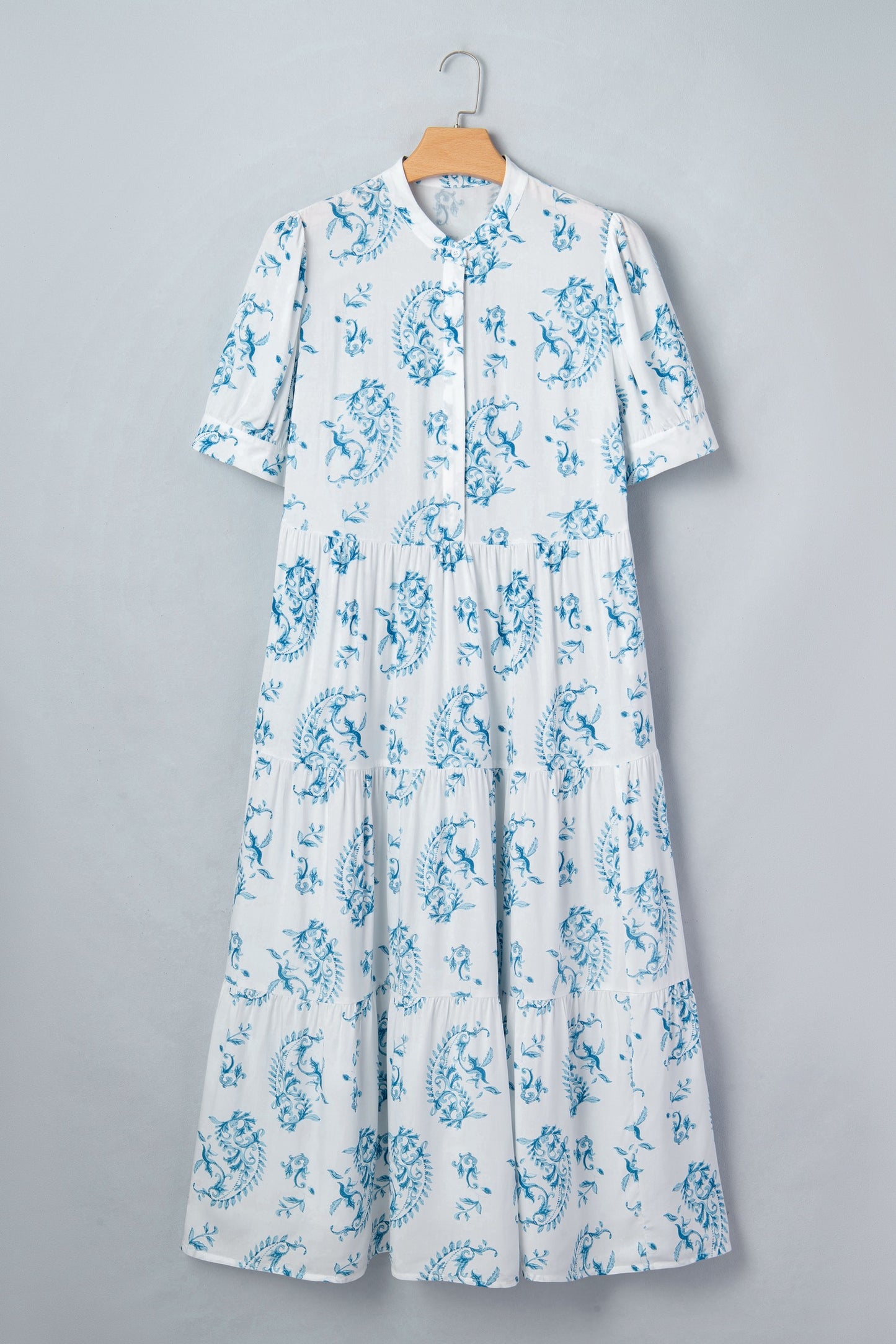Sky Blue Plus Size Geometric Floral Print Button Split Neck Short Sleeve Maxi Dress (ships mid April)