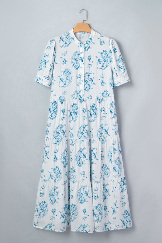 Sky Blue Plus Size Geometric Floral Print Button Split Neck Short Sleeve Maxi Dress (ships mid April)