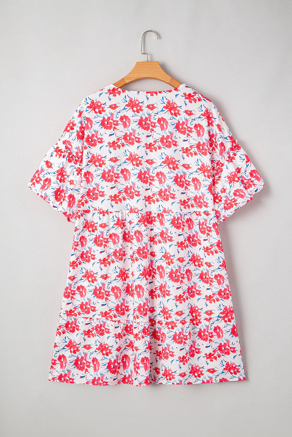 Red Floral Ruffled Half Sleeve V Neck Plus Size Dress