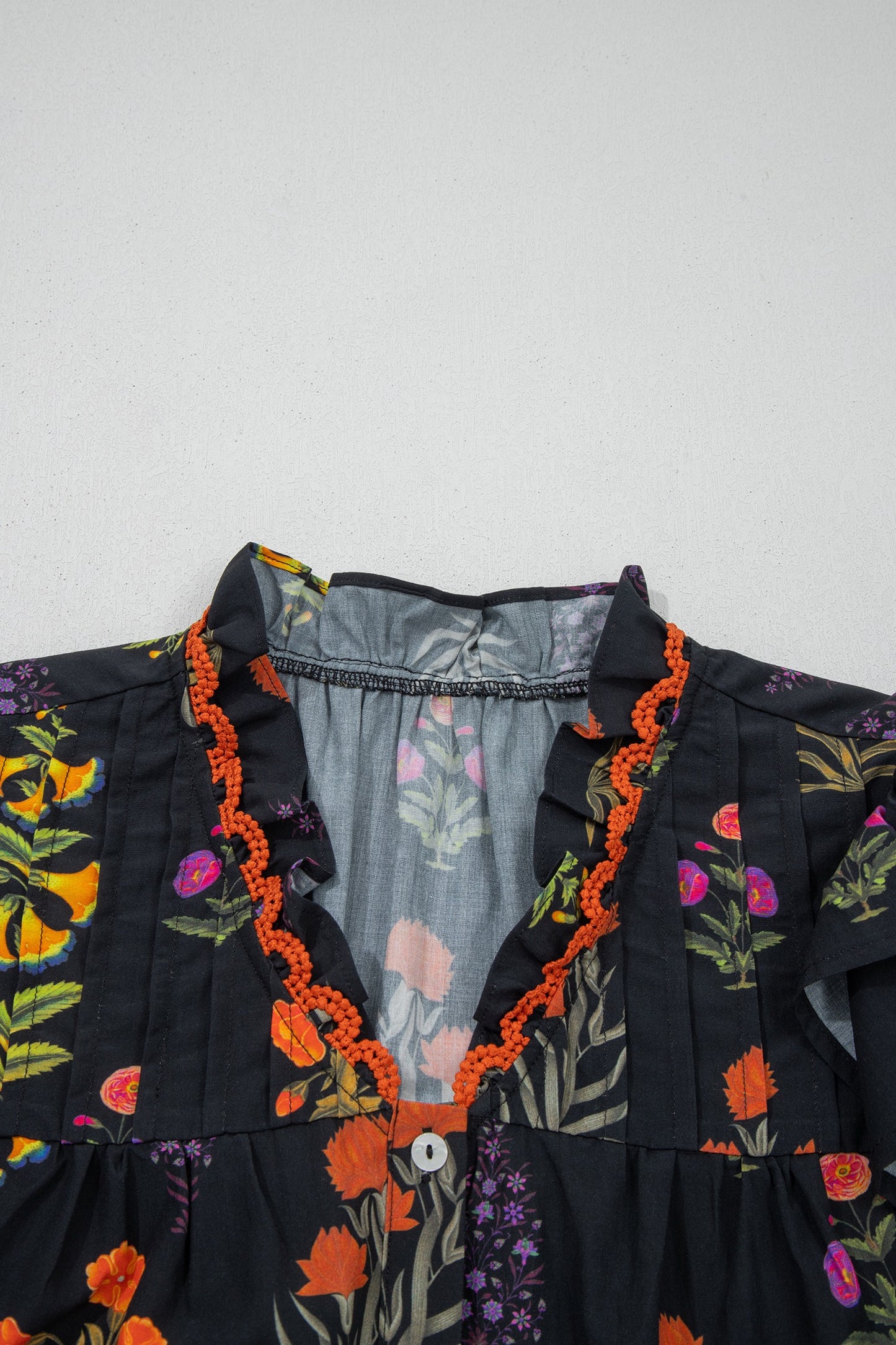 Black Floral Print Lace Trim Frilled V Neck Shirt