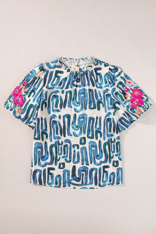Blue Embroidered Puff Sleeve Top