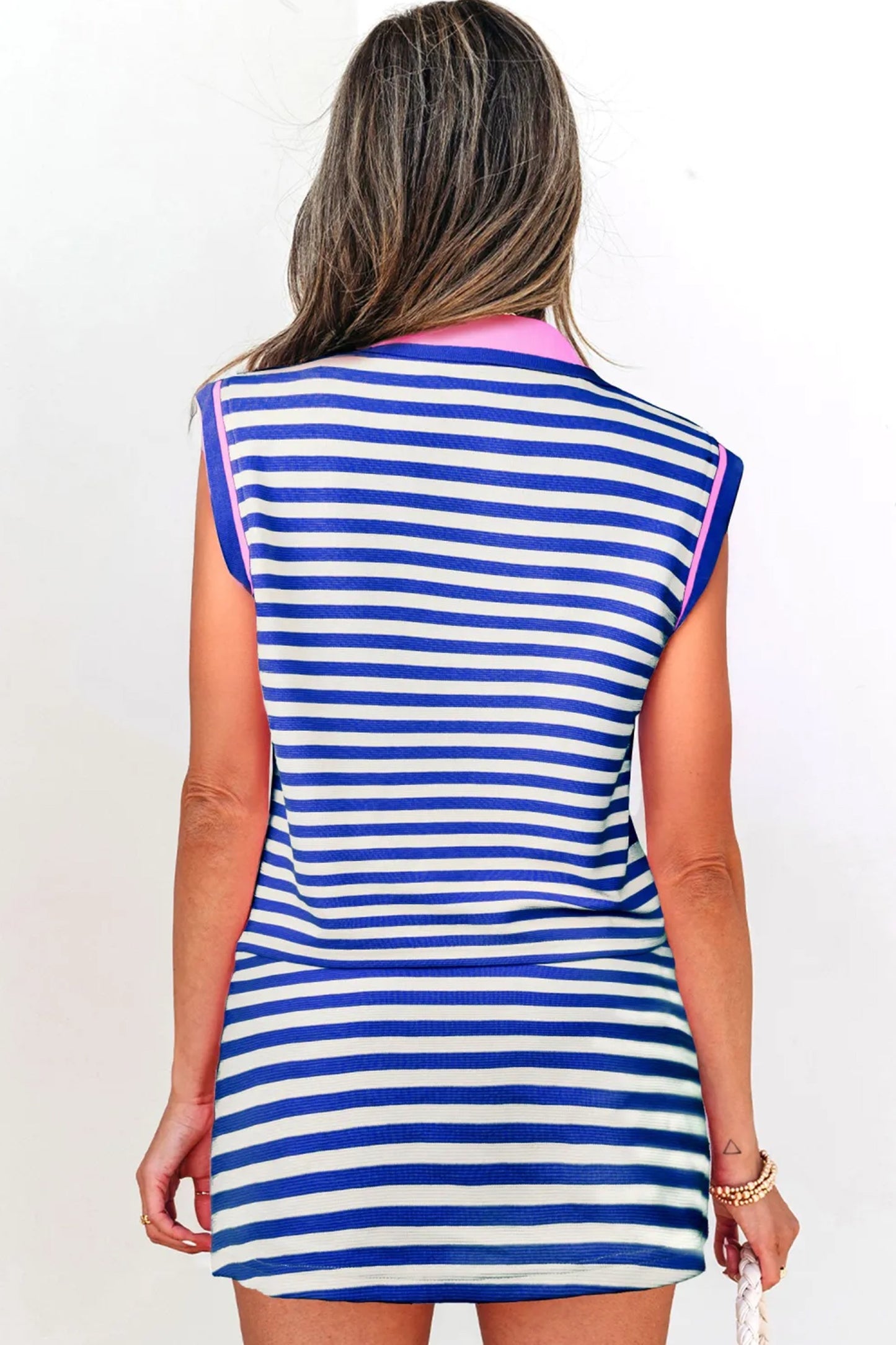 Stripe Contrast Trim Short Sleeve Top Loose Skort 2pcs Casual Outfit