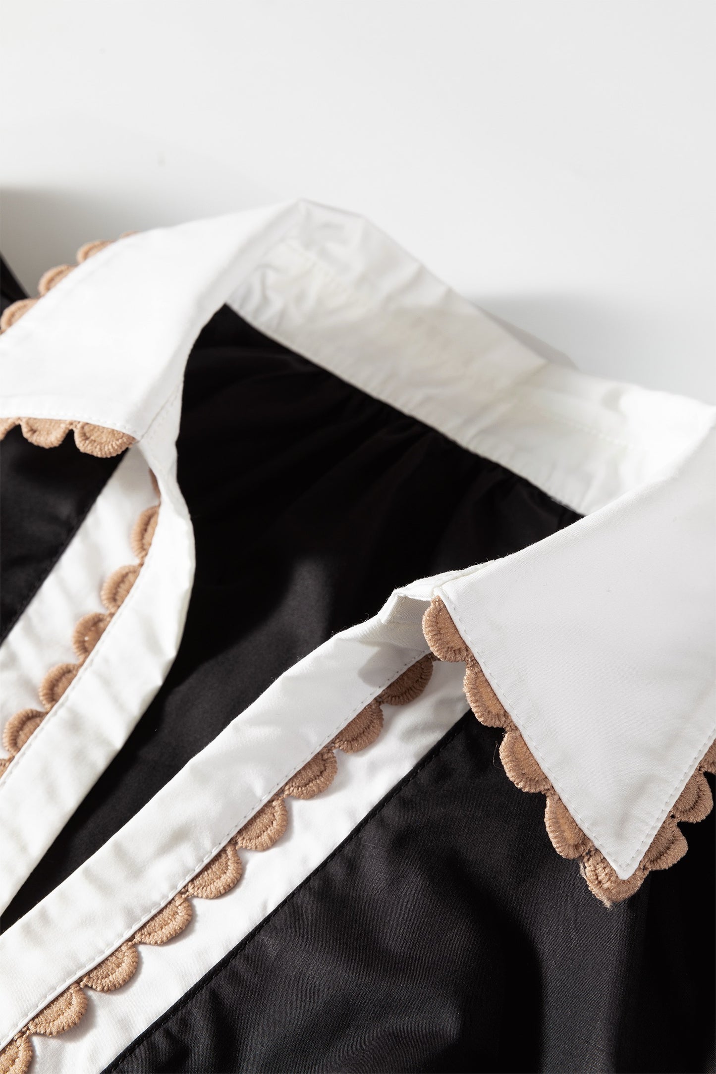 Black Ricrac Trim Color Block Patchwork Collar Short Sleeve Shirt