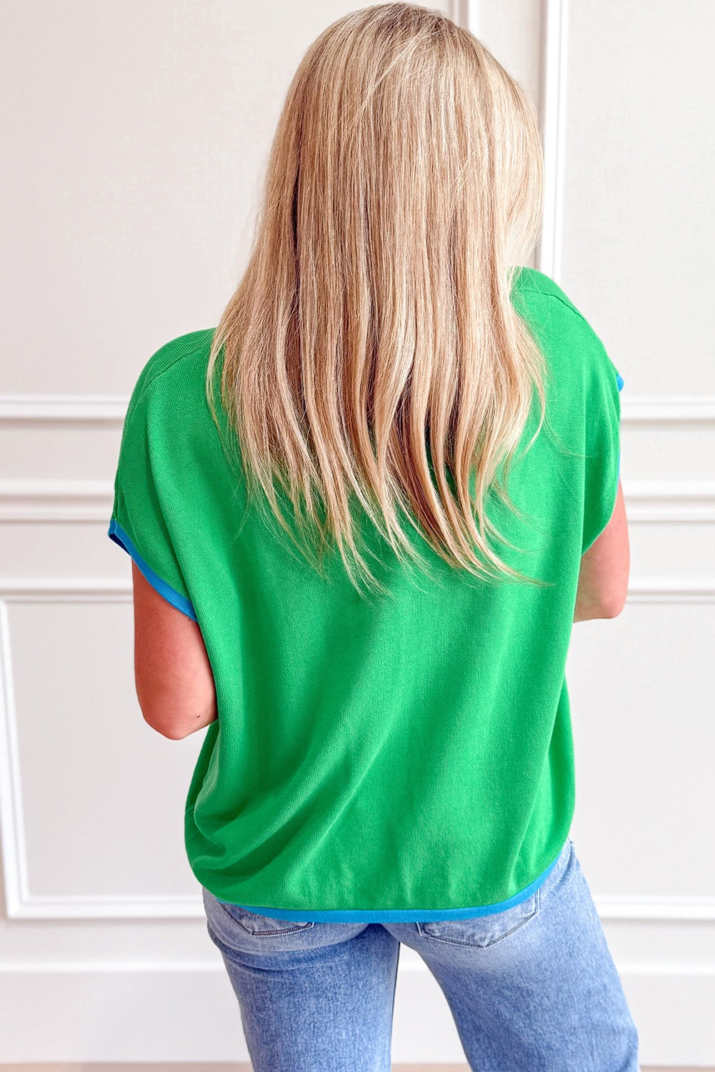 Green Contrast Trim Round Neck Short Sleeve Loose Knit Sweater