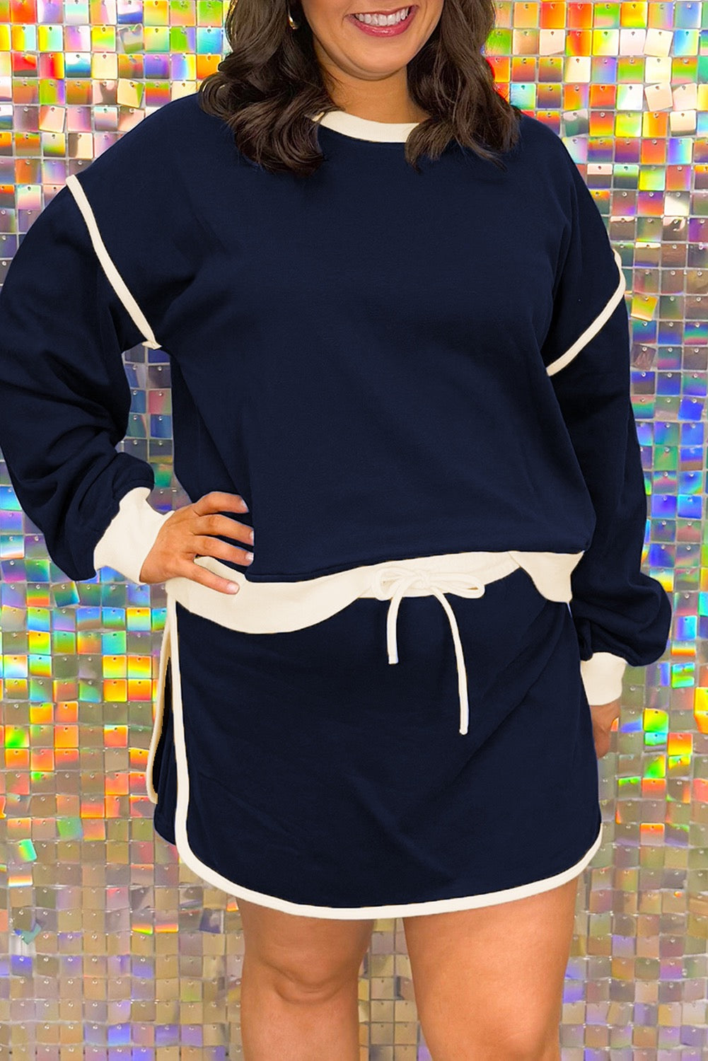 Navy Blue Plus Color Block Drop Shoulder Top and Lace-up Skirt Outfit