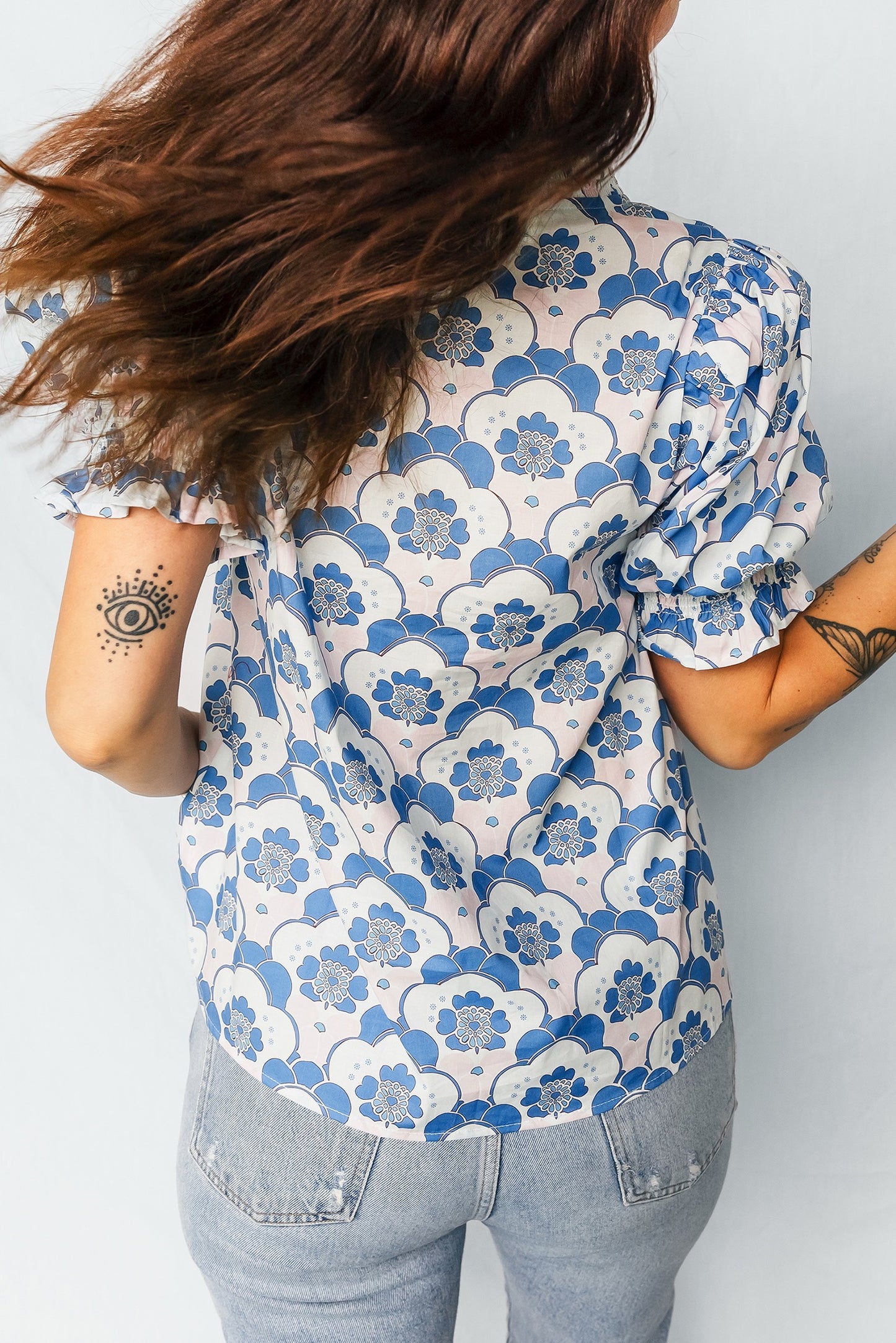 Blue Floral Print Flounce Short Sleeve Contrast Trim V Neck Blouse