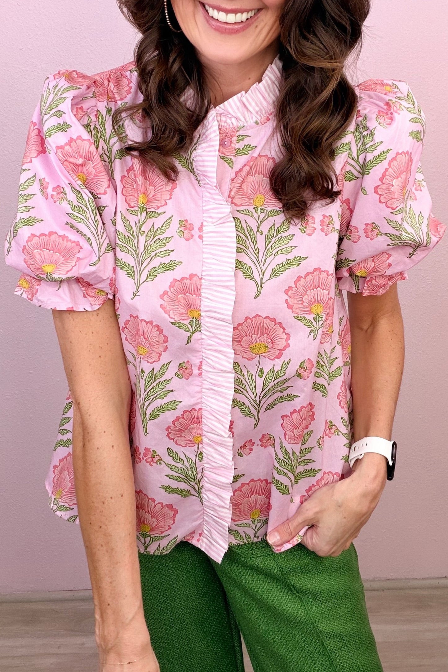 Sweet Blooms Ruffle Striped Trim Top