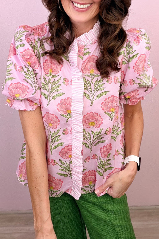 Sweet Blooms Ruffle Striped Trim Top