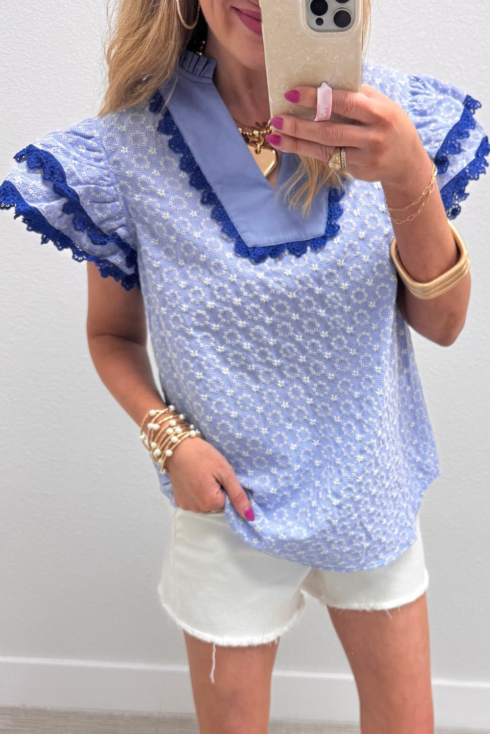 Blue Square Neck Short Puff Sleeve Pleated Floral Blouse