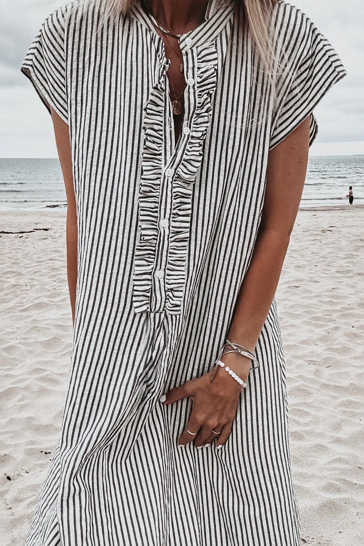 Black Stripe Frilled Detail Half Buttons Short Sleeve Long Dress