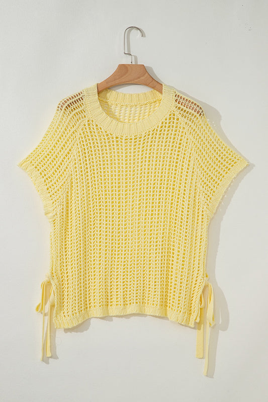 Yellow Hollow-out Crochet Side Tied Short Sleeve Sweater