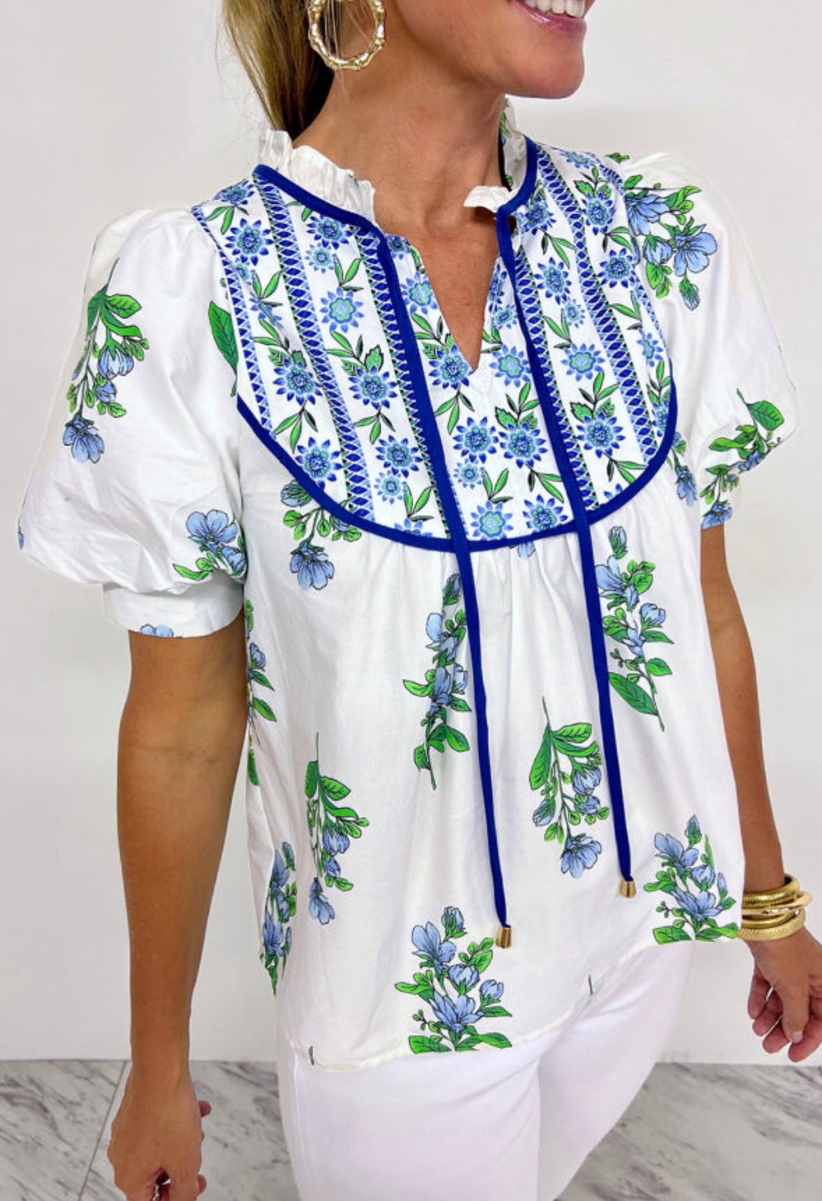 Floral Prnt Blouse with Navy Piping