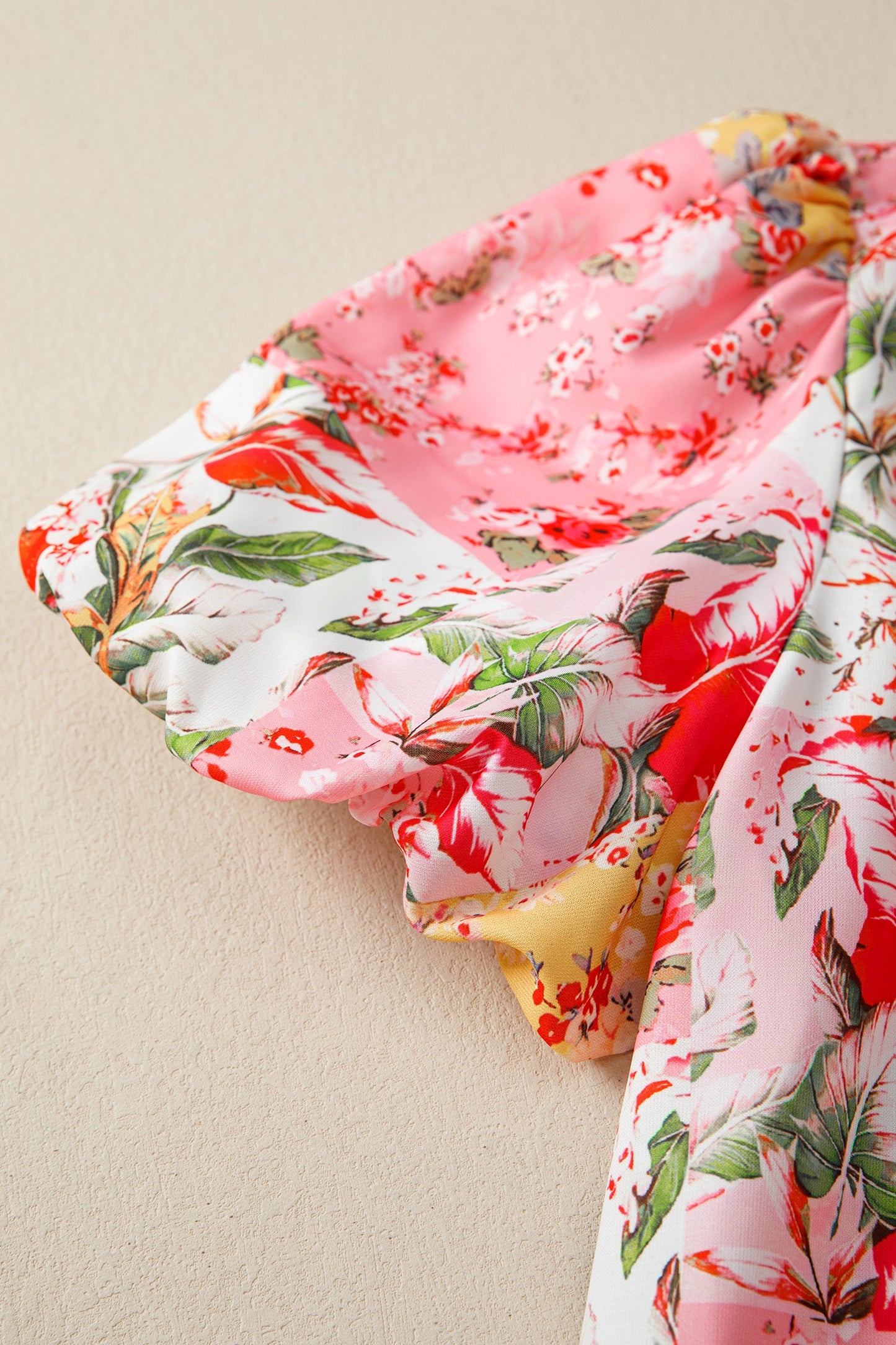 White Floral Print Striped Patchwork Button Neck Short Sleeve Blouse