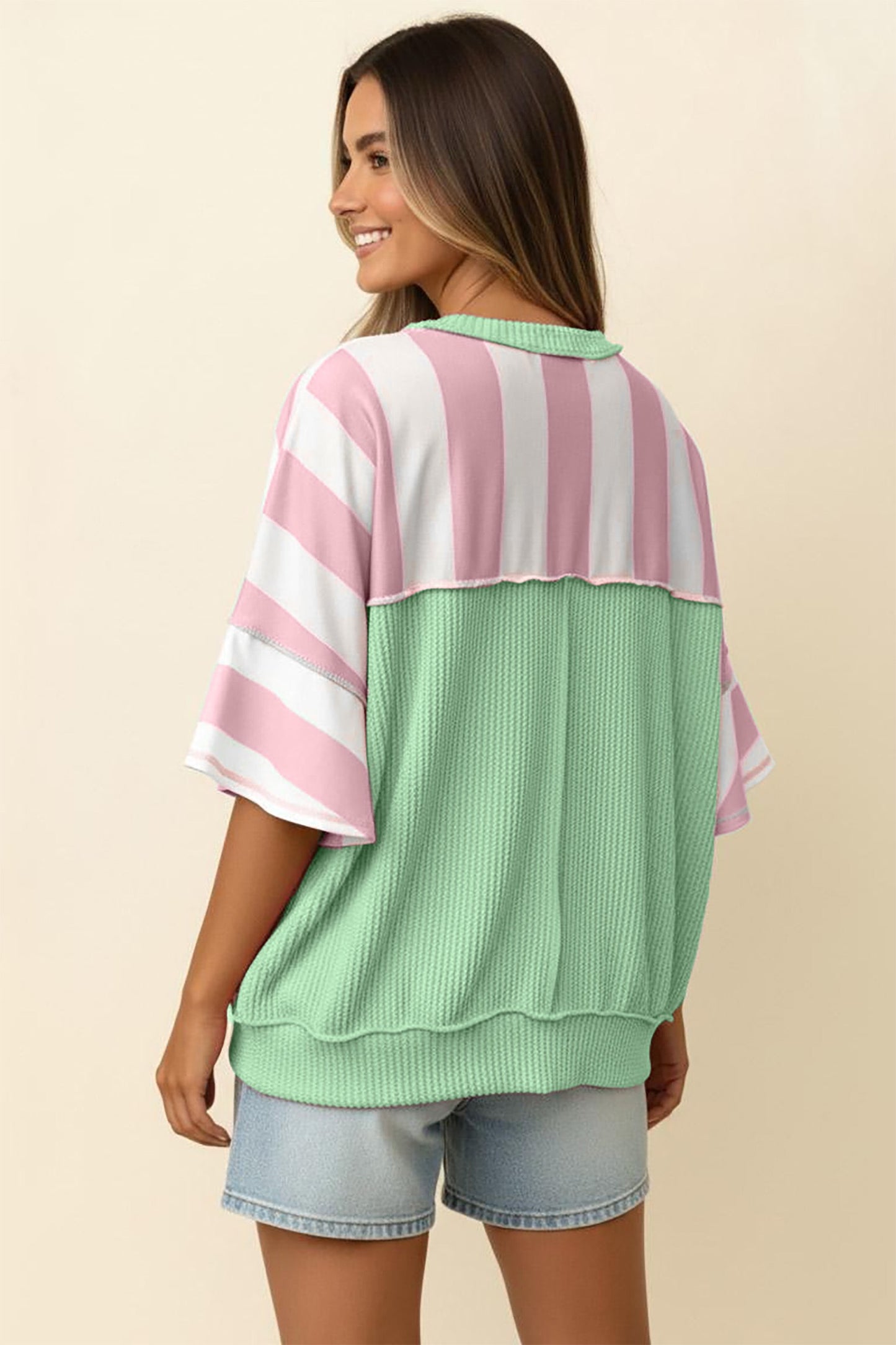 Green Stripe Exposed Seam Ribbed Oversized Tee
