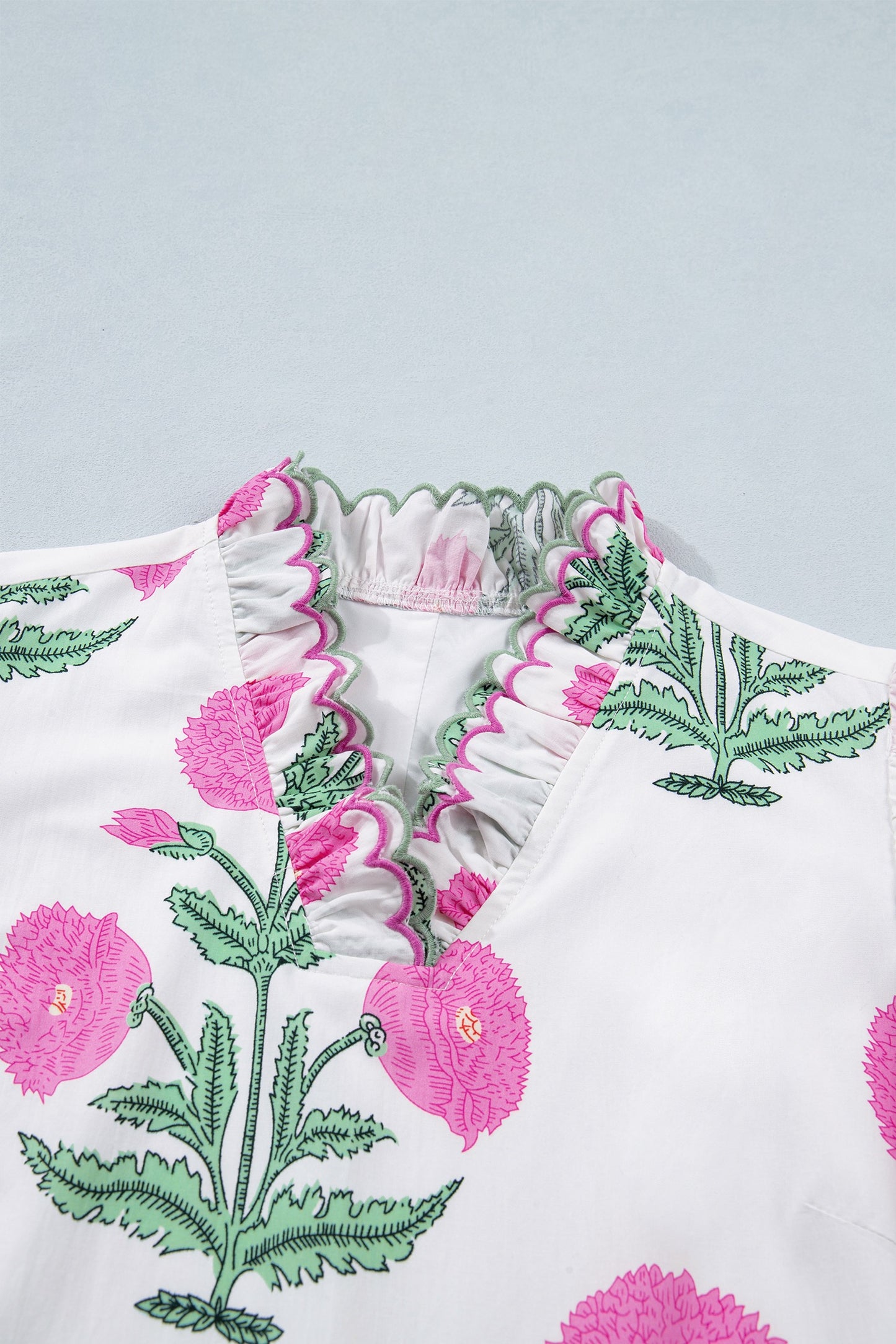 Floral Print Scalloped Embroidery Trim V Neck Drop Waist Dress