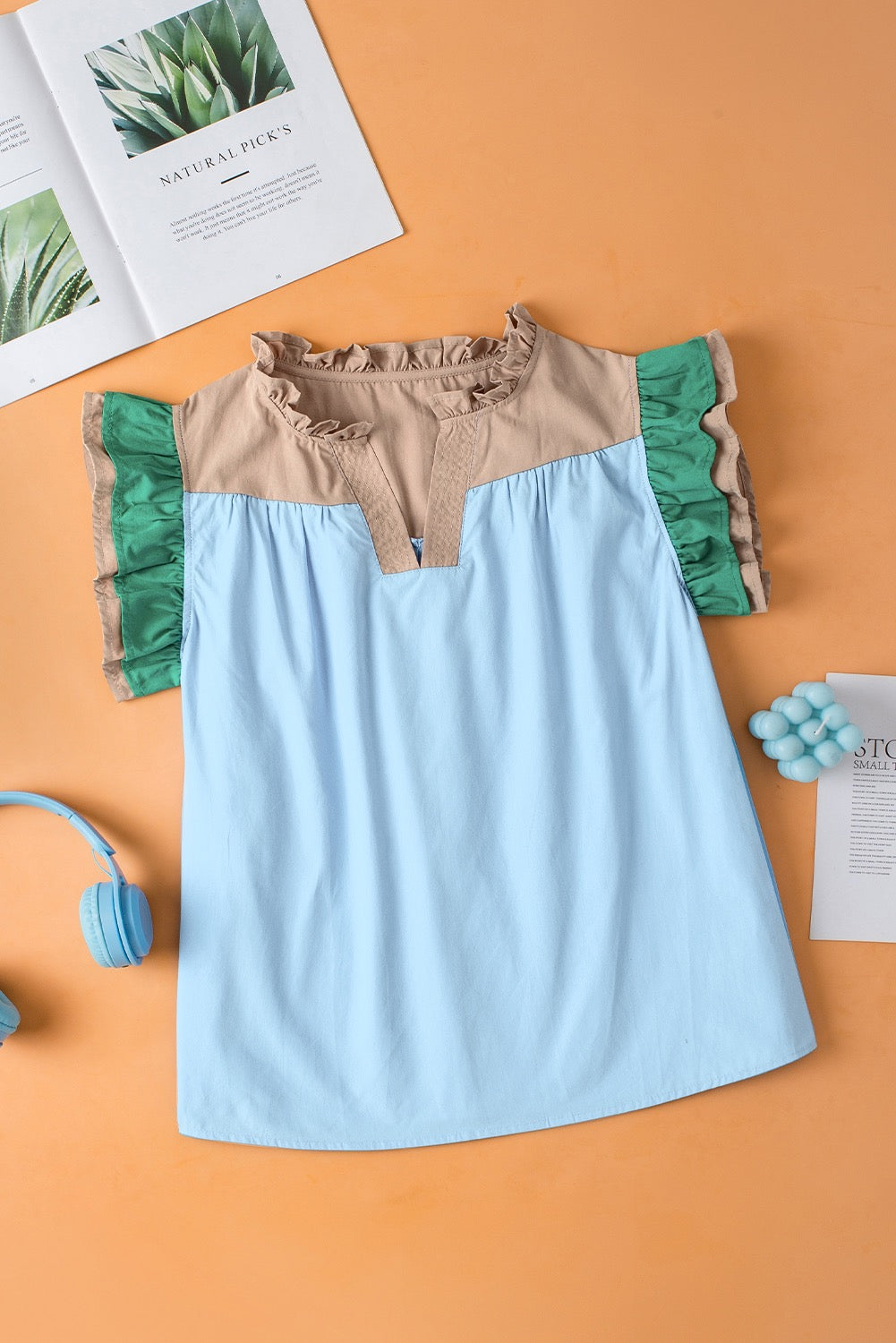Blue Ruffle Sleeve Blouse