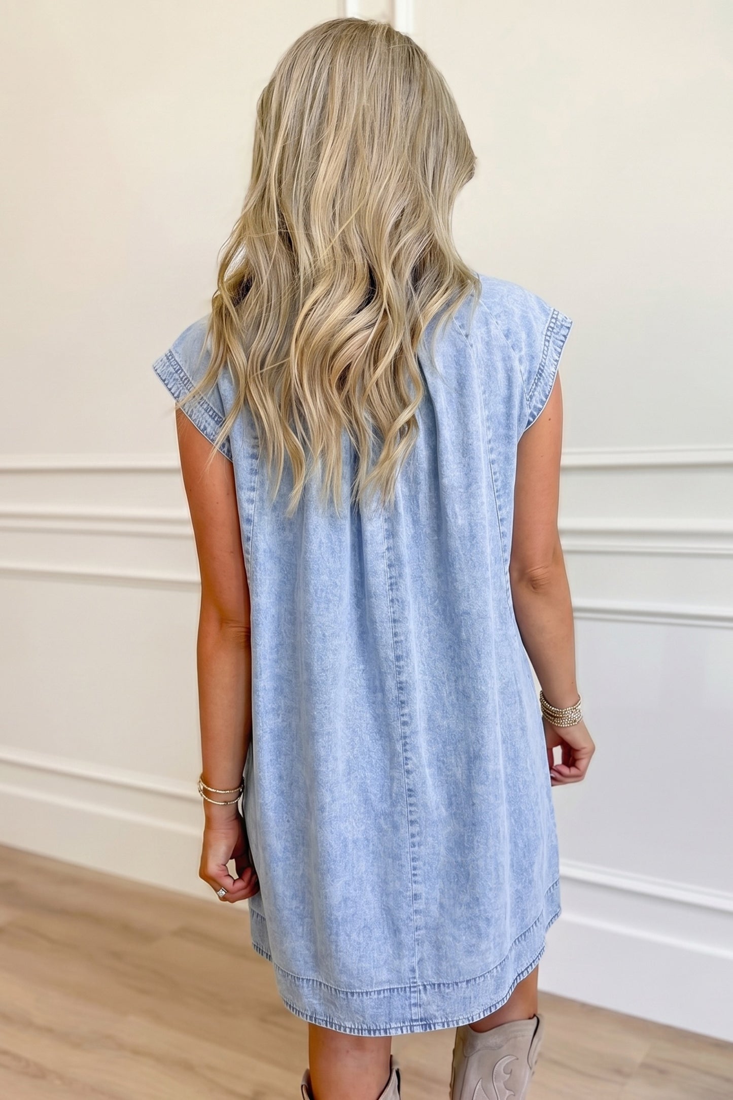 Cap Sleeve Pleated Round Neck Denim Shift Dress