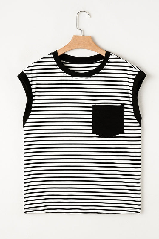 Black Stripe Chest Pocket Patch Round Neck Sleeveless Top