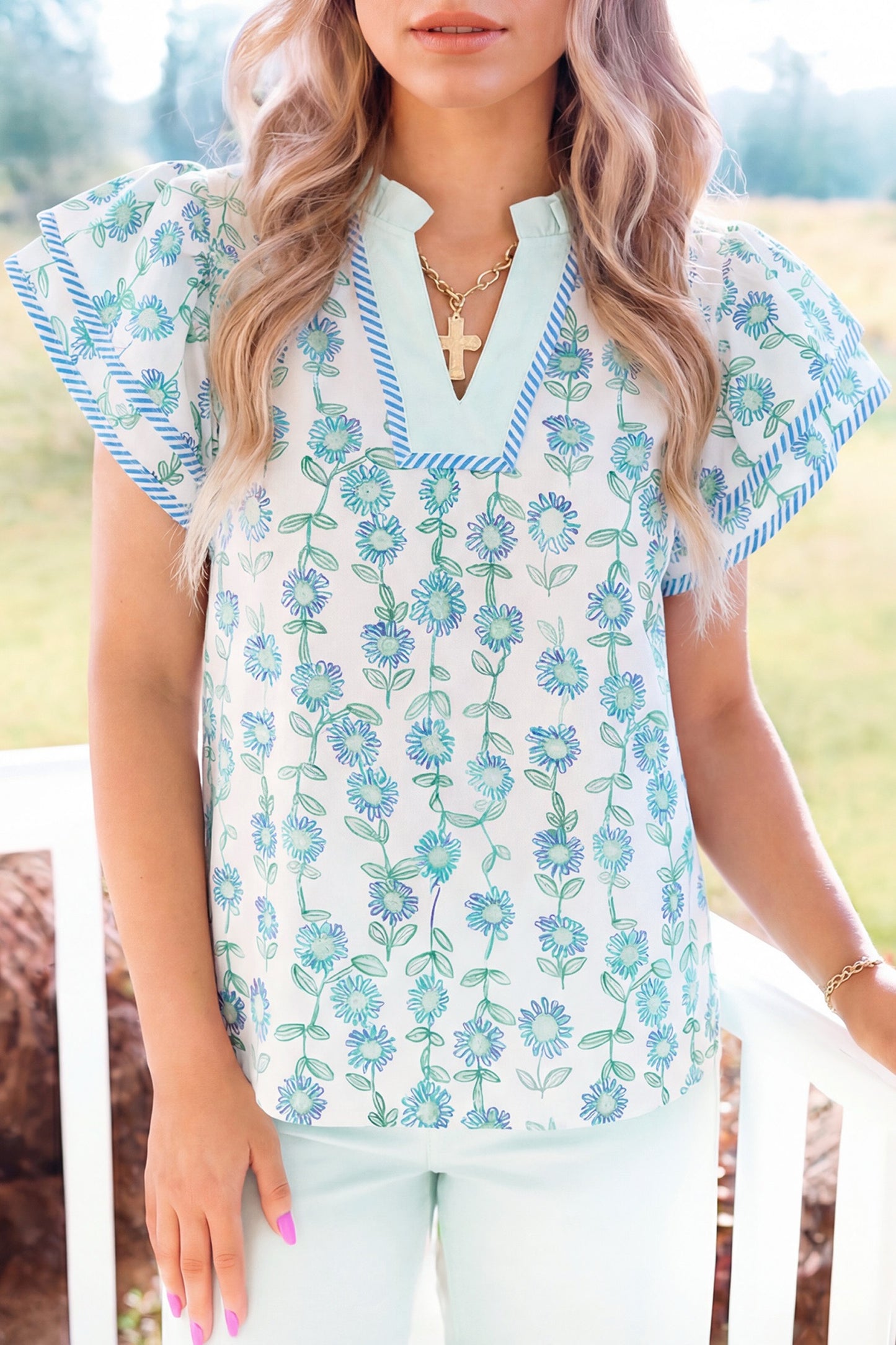 Green Floral Print Striped Detail Contrast V Neck Patchwork Flutter Sleeve Top