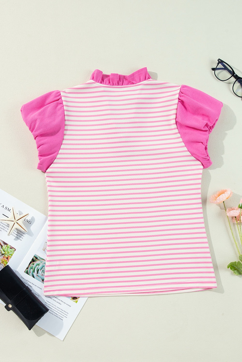 Pink Stripe Ruffle V Neck Puff Sleeve Top