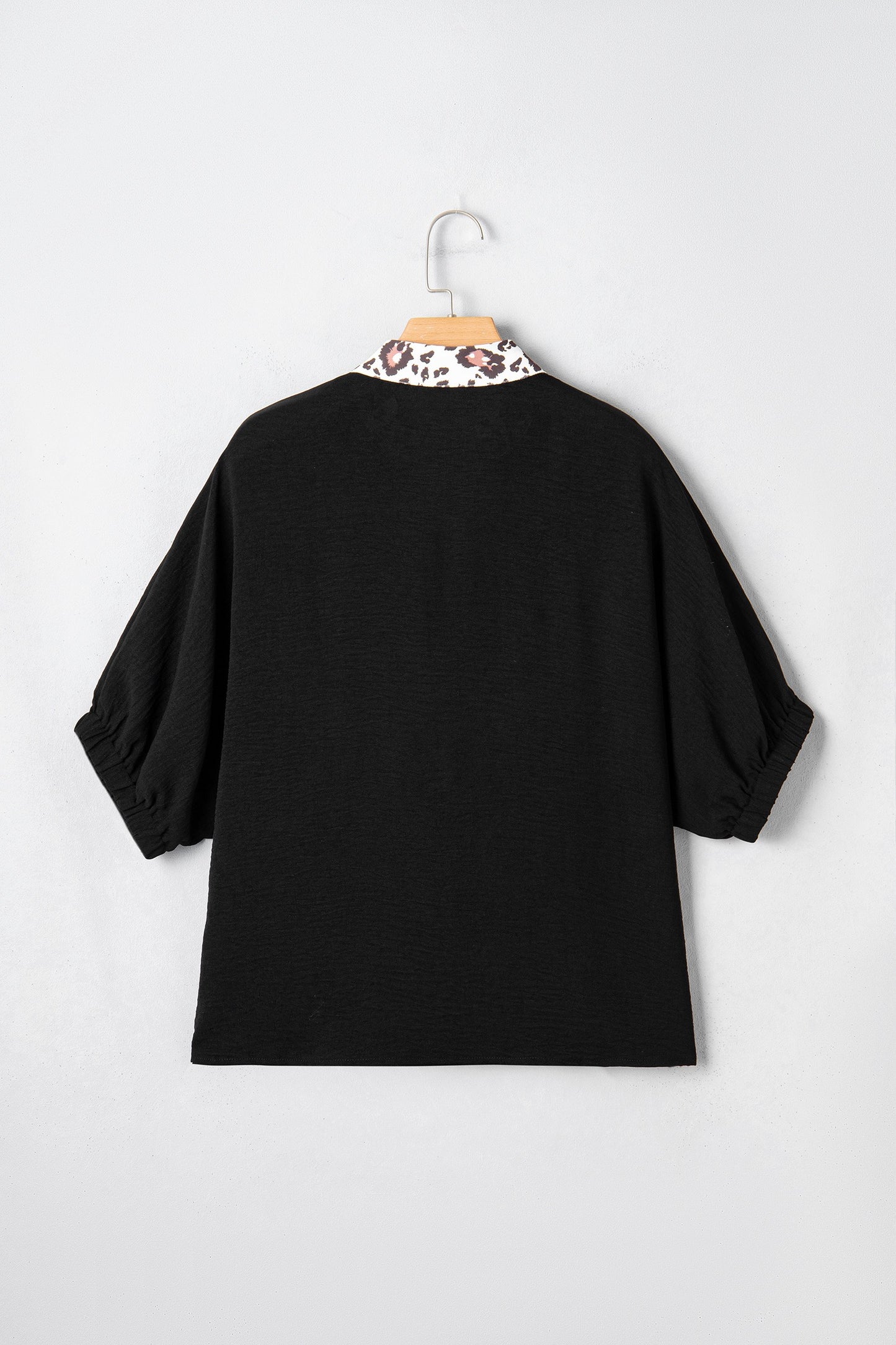 Black Dolman Half Sleeve Leopard Patchwork C Trim V Neck  Blouse