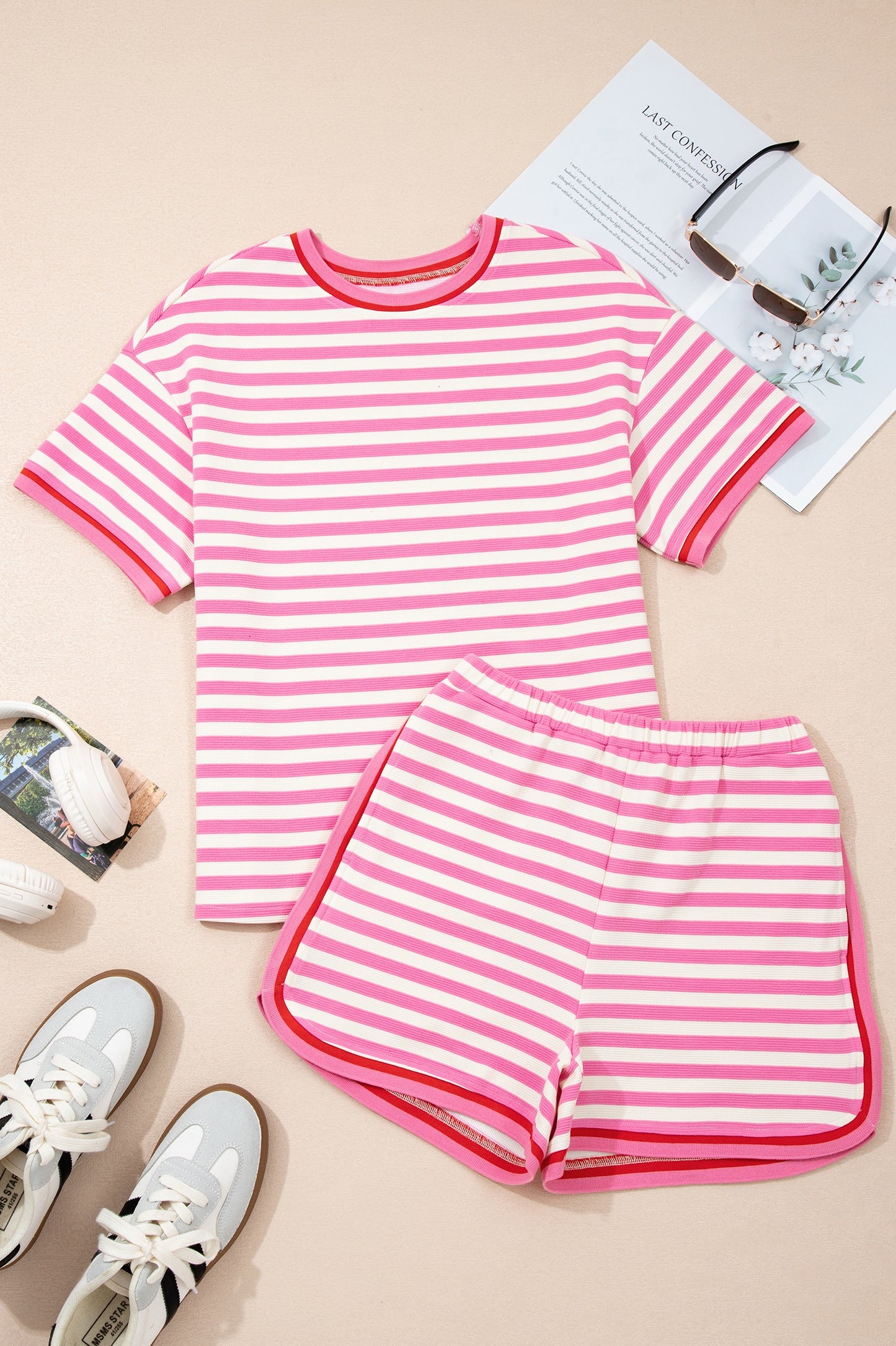 Pink Stripe Contrast Trim Short Sleeve Top Loose Shorts 2pcs Casual Outfit