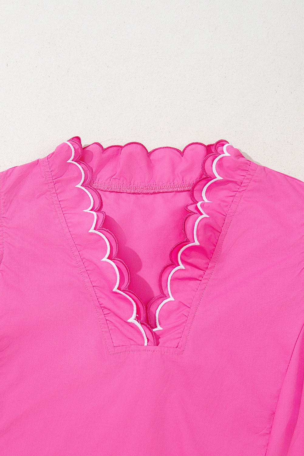 Bright Pink Contrast Scallop Trim Layered Short Sleeve Blouse