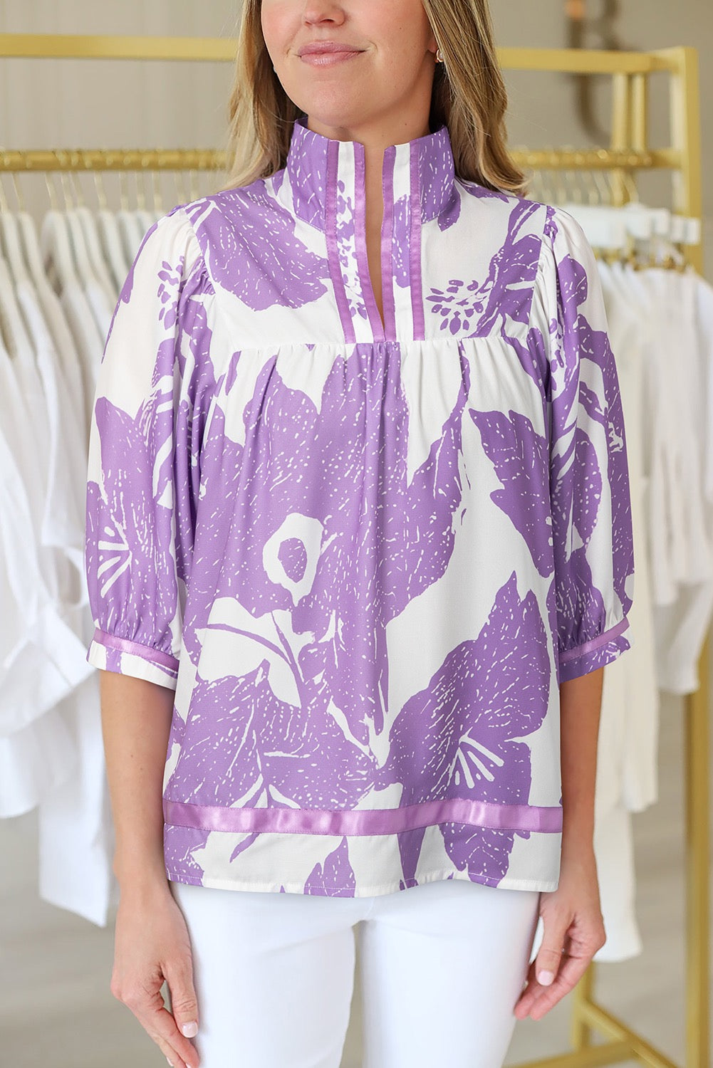 Split Neck Blouse Purple Leafy Print 3/4 Sleeve Striped Trim