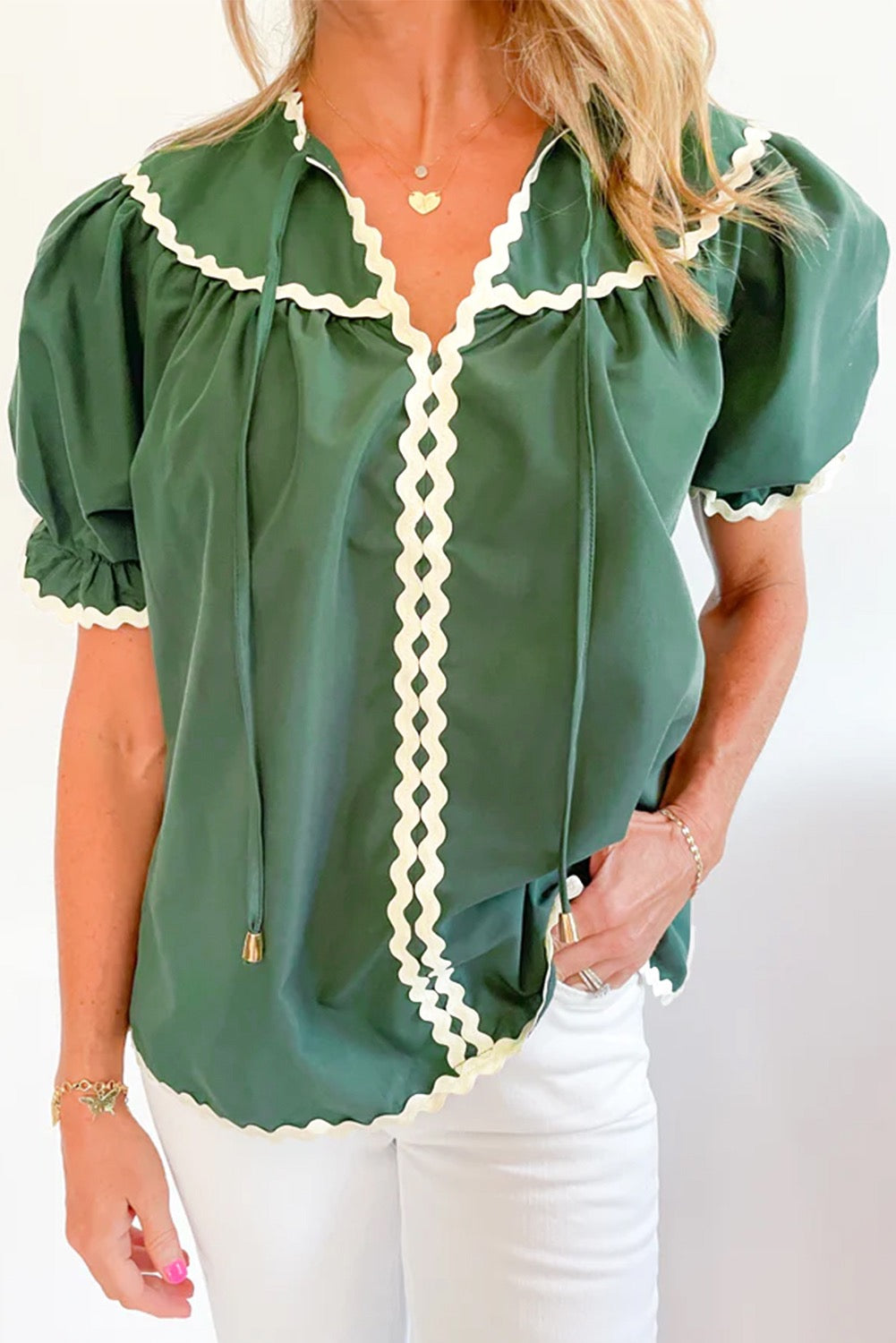 Green Ric Rac Trim Short Sleeve Blouse