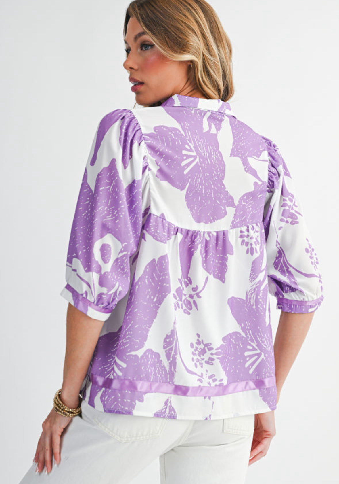 Purple Floral V-Neck Bubble Sleeve Blouse