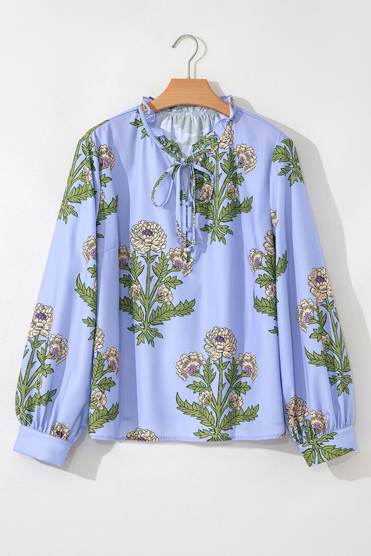 Blue Floral Print Button Tie Neck Long Sleeve Blouse