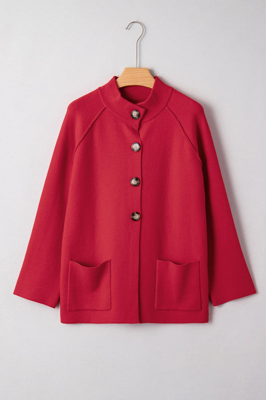 Red Collared Button Front Wrapped Cardigan Jacket