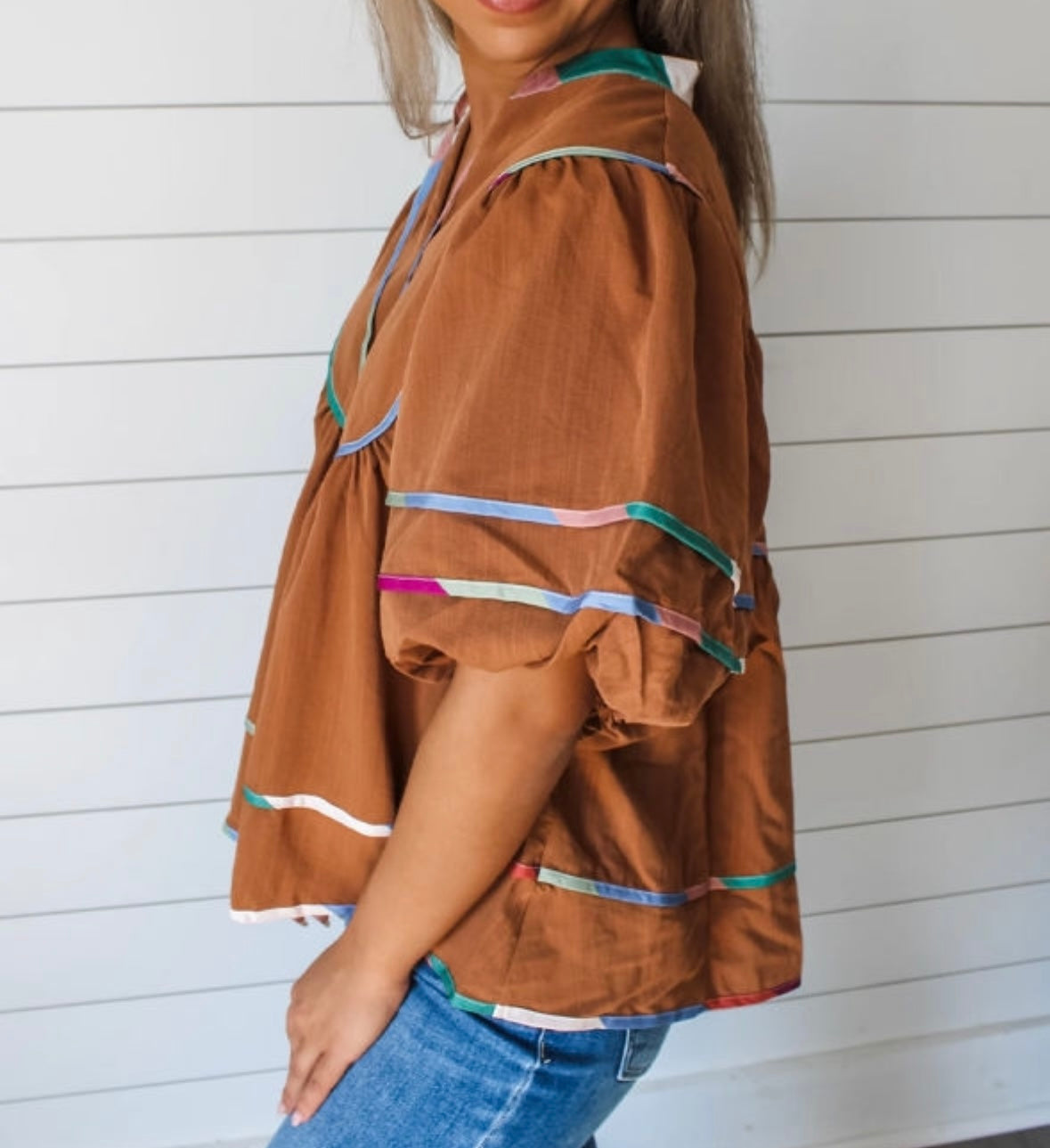 Patchwork Edging, Flounce Sleeve, V Neck Blouse
