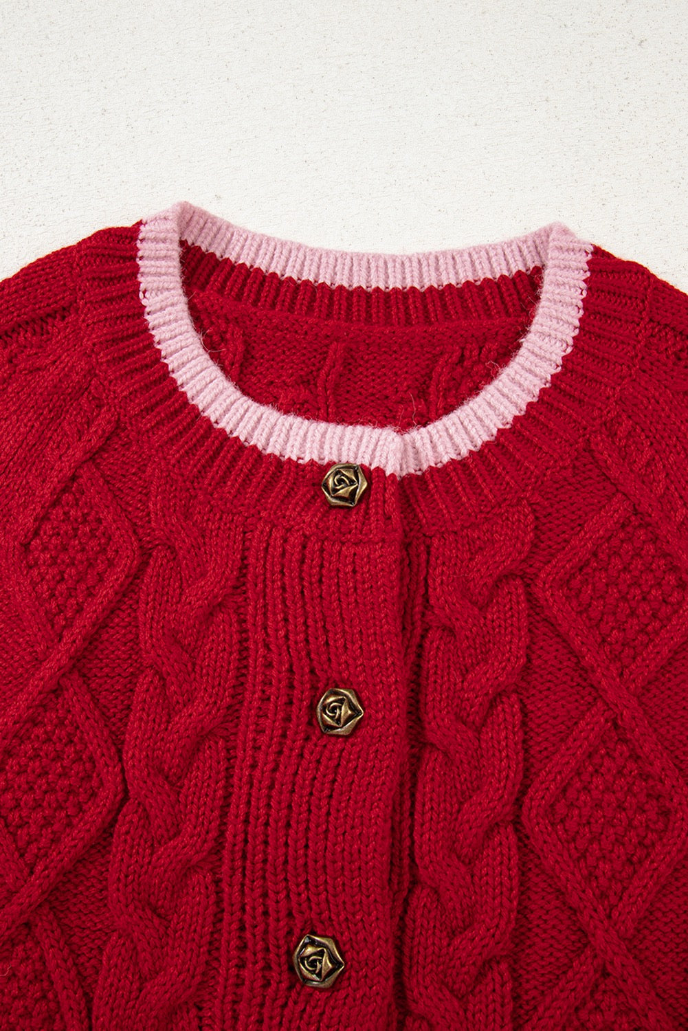 Red Color Contrast Edge Cable Knit Buttoned Cardigan