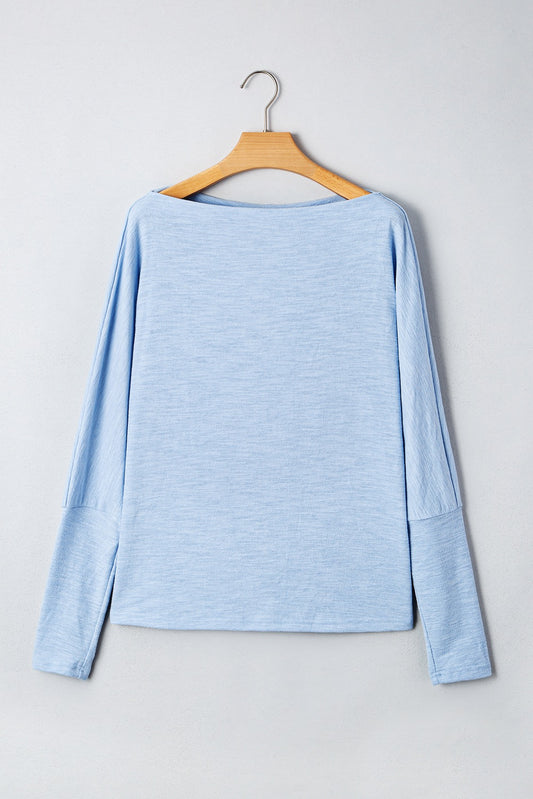 Blue Solid Color Batwing Long Sleeve Top