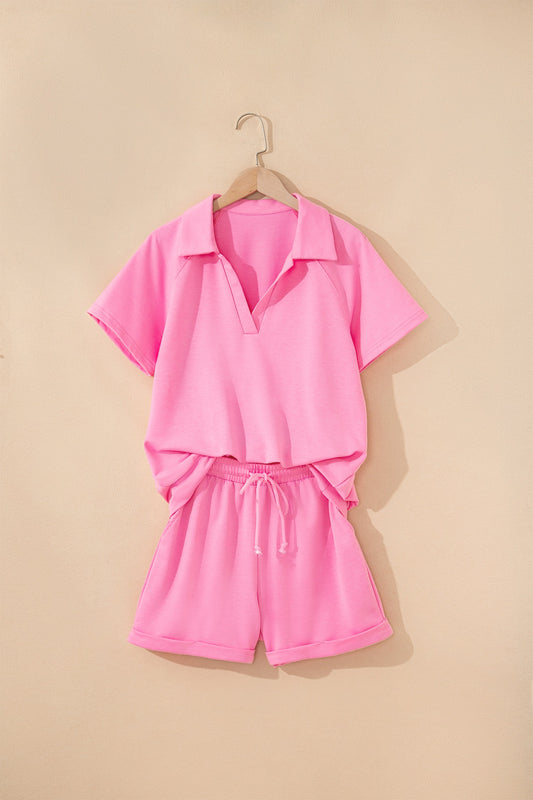 Pink Collared V Neck Tee Drawstring Elastic Waist Shorts 2pc Set