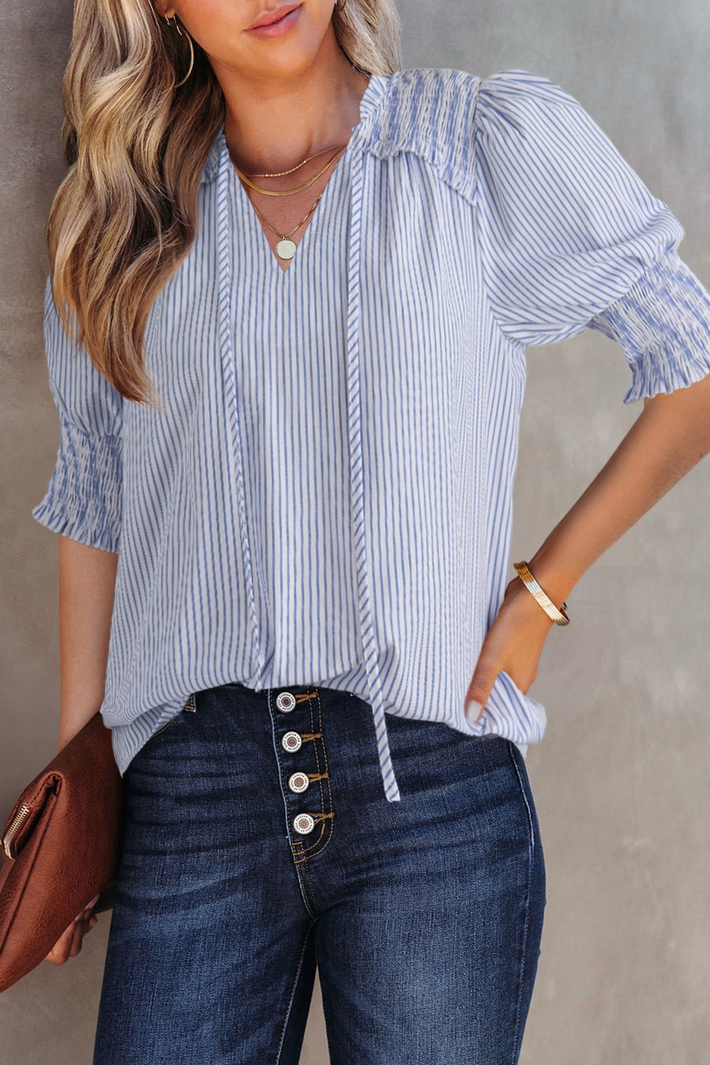 Blue Stripe Shirred Detail V Neck Puff Half Sleeve V Neck Blouse