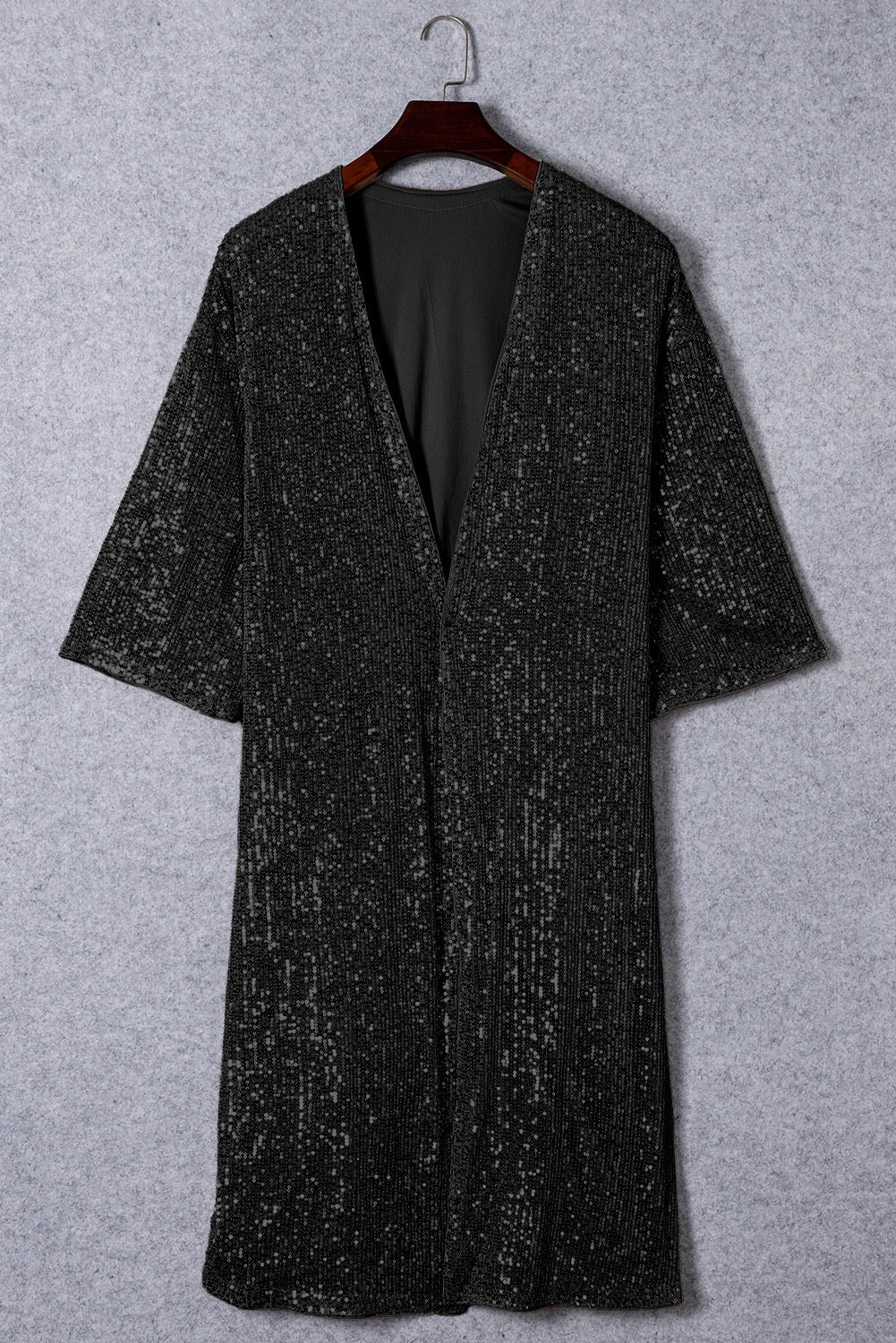 Black 3/4 Sleeve Sequined Duster