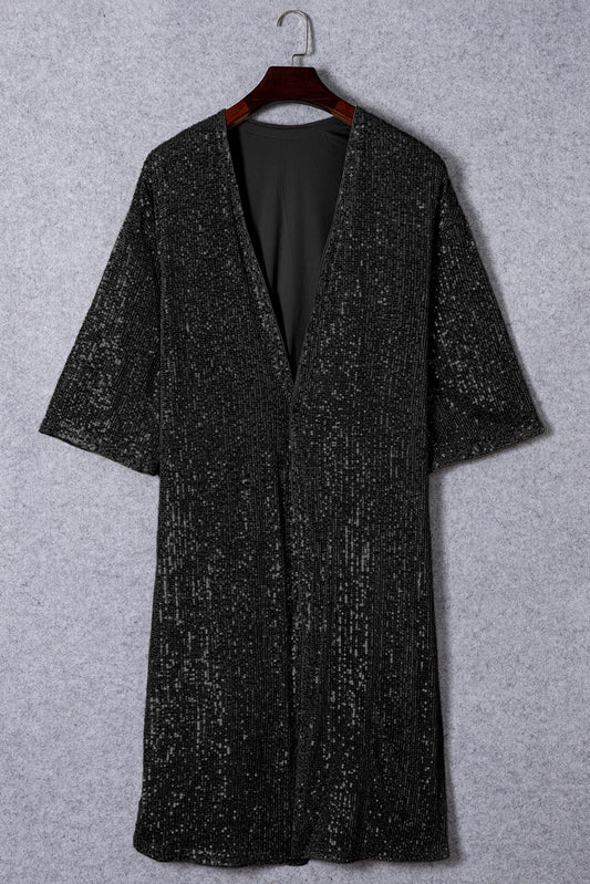 Black 3/4 Sleeve Sequined Duster